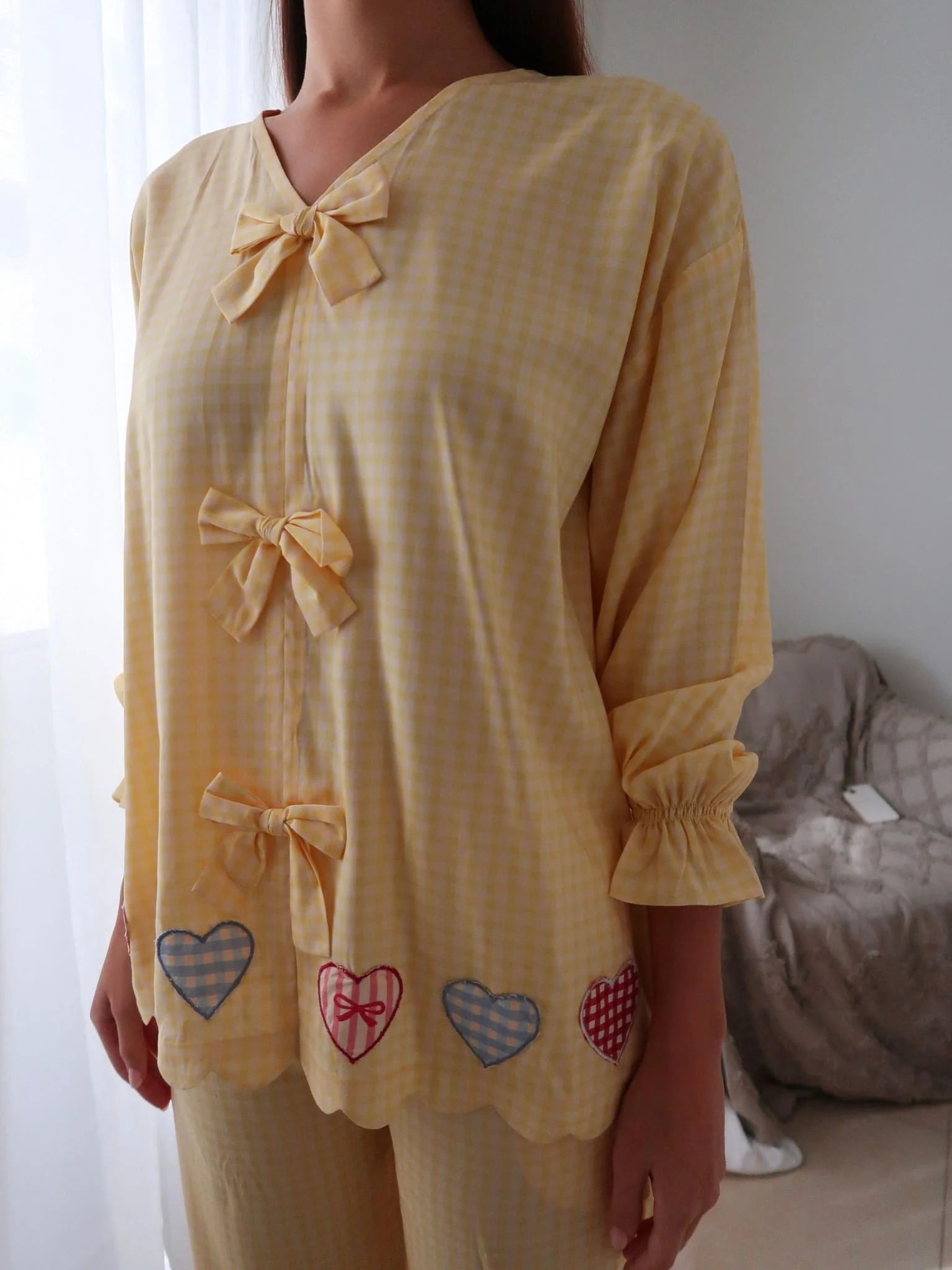 Cupidee Vichy Bow Butter Yellow Lounge Shirt - Image 4