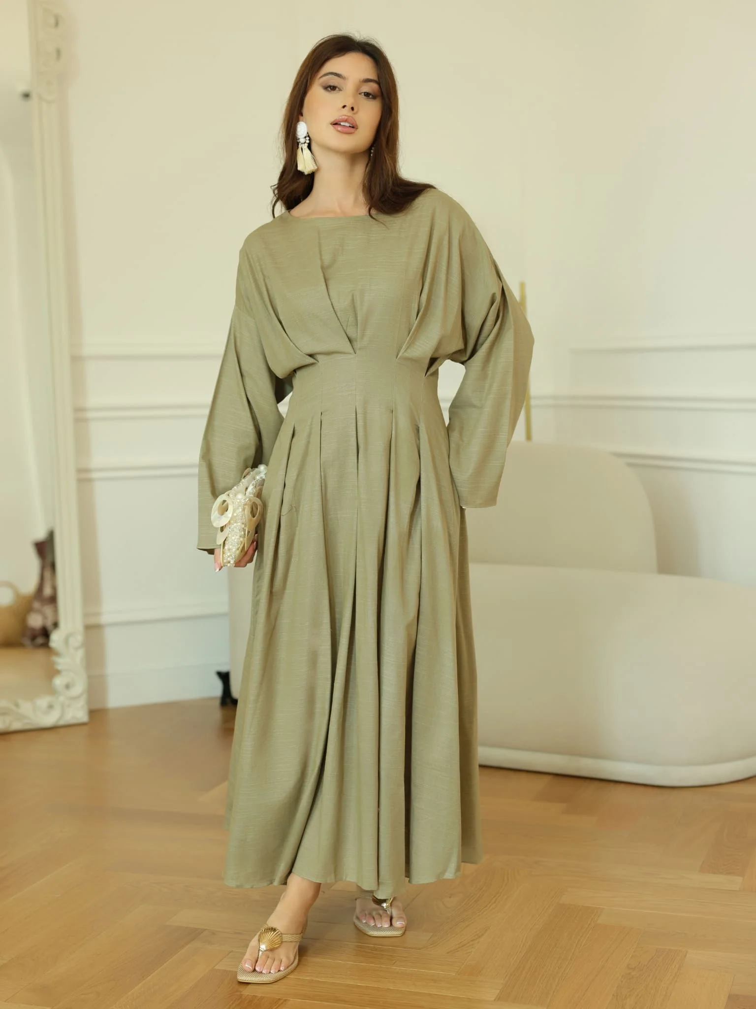 Cyinth Pleated Olive Dress - Image 3