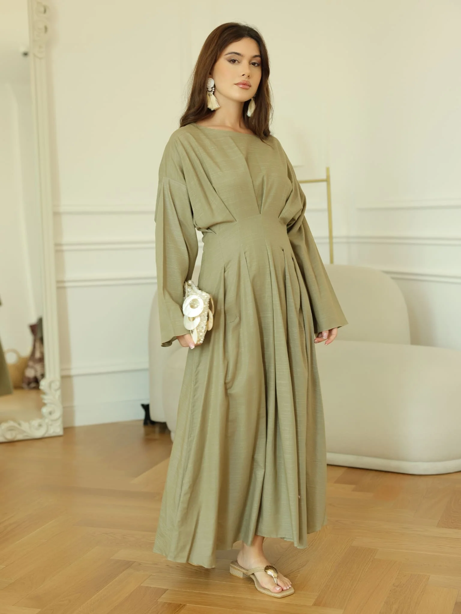 Cyinth Pleated Olive Dress - Image 9