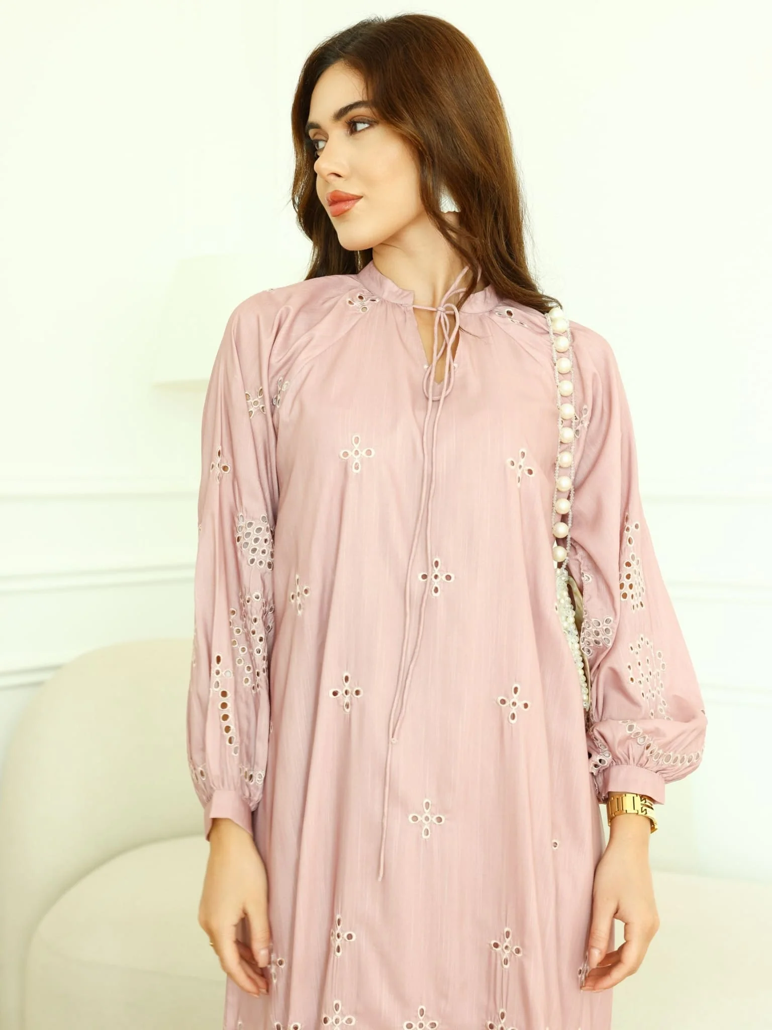 Dovia Mauve Cutwork Long Dress - Image 5
