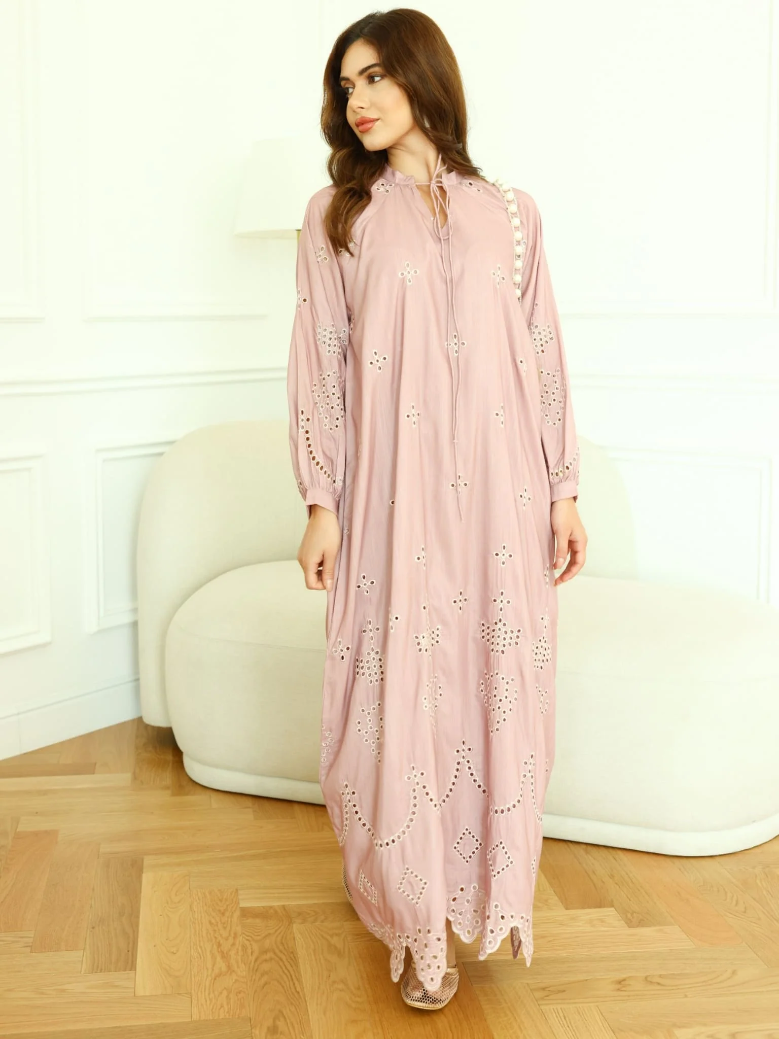 Dovia Mauve Cutwork Long Dress - Image 7