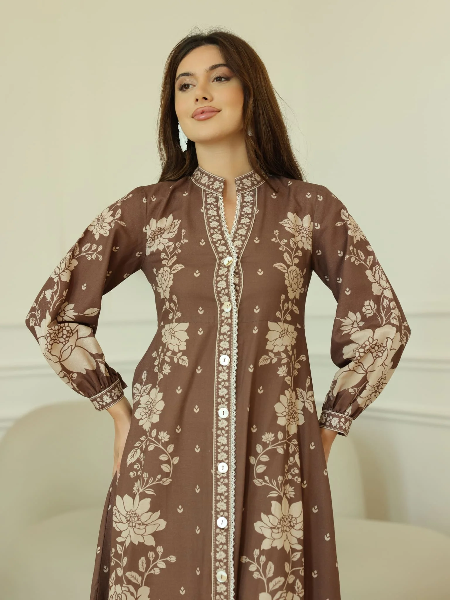 Ebony Brown Long Floral Dress - Image 10