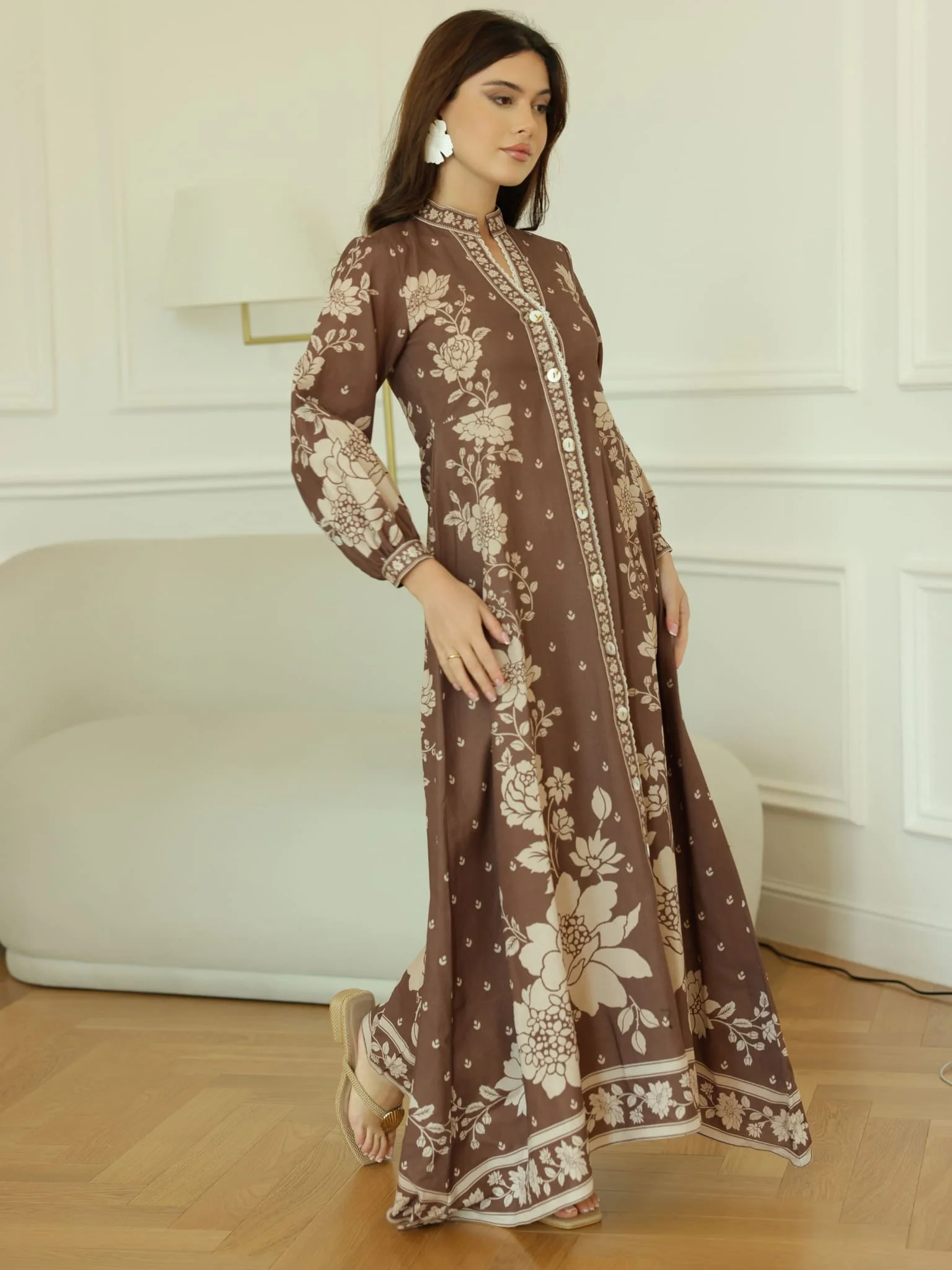 Ebony Brown Long Floral Dress - Image 11