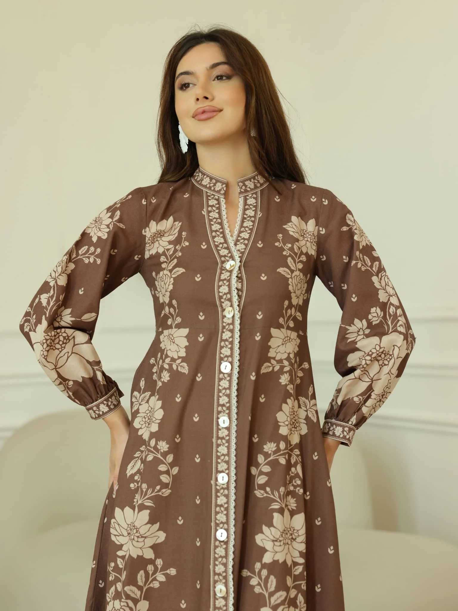 Ebony Brown Long Floral Dress - Image 12