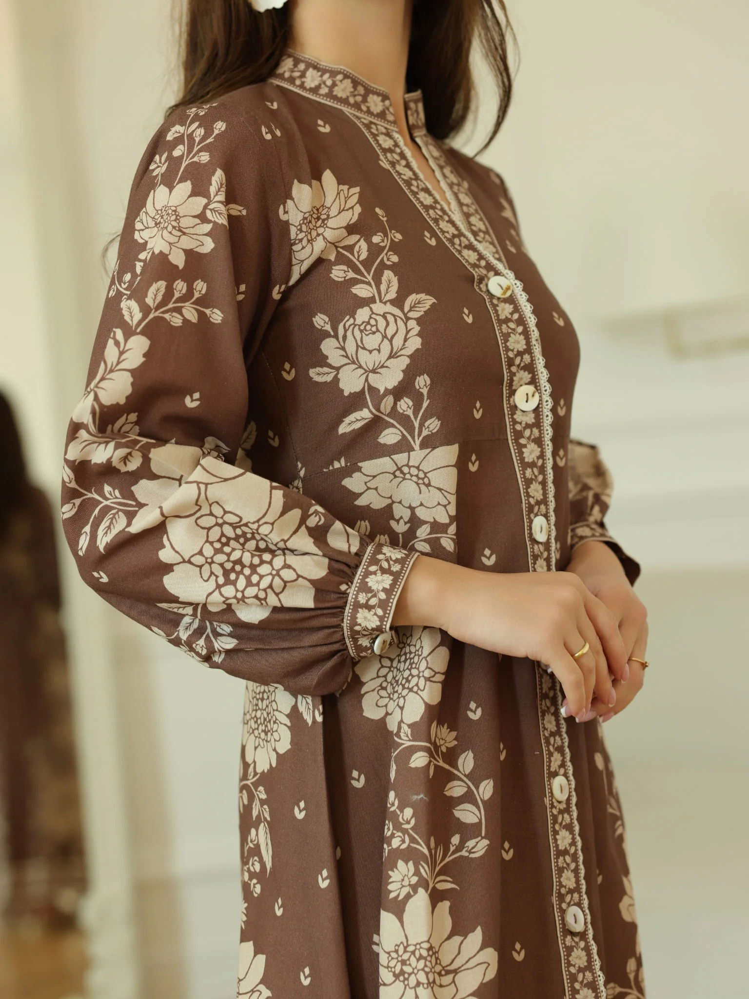 Ebony Brown Long Floral Dress - Image 7
