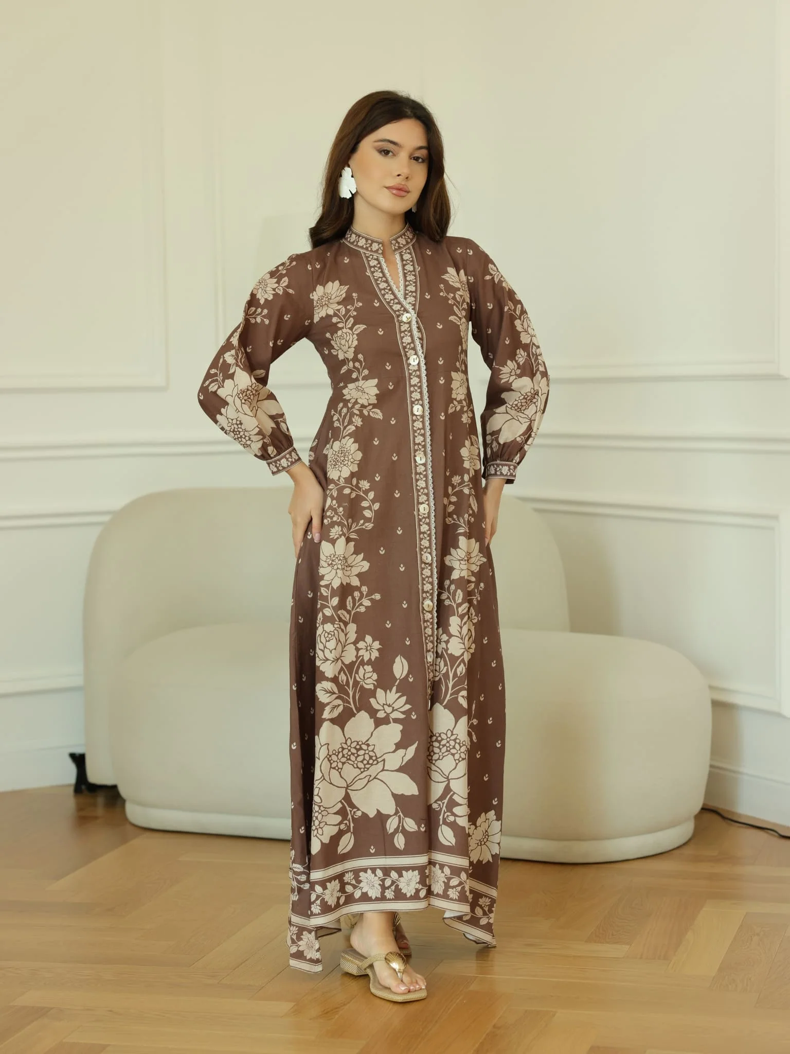 Ebony Brown Long Floral Dress - Image 8
