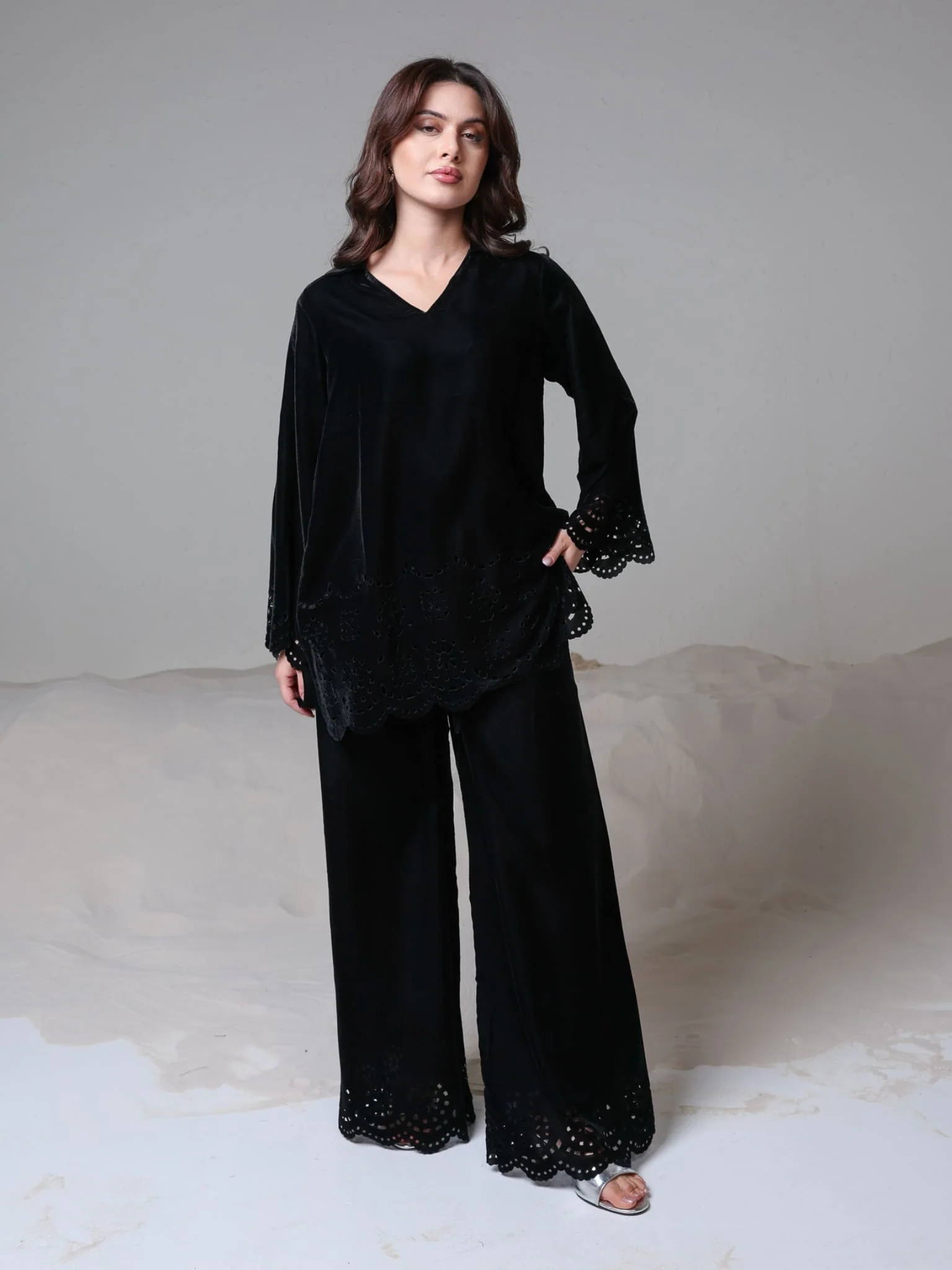 Eloise Black Velvet Cut Work Co Ord Set