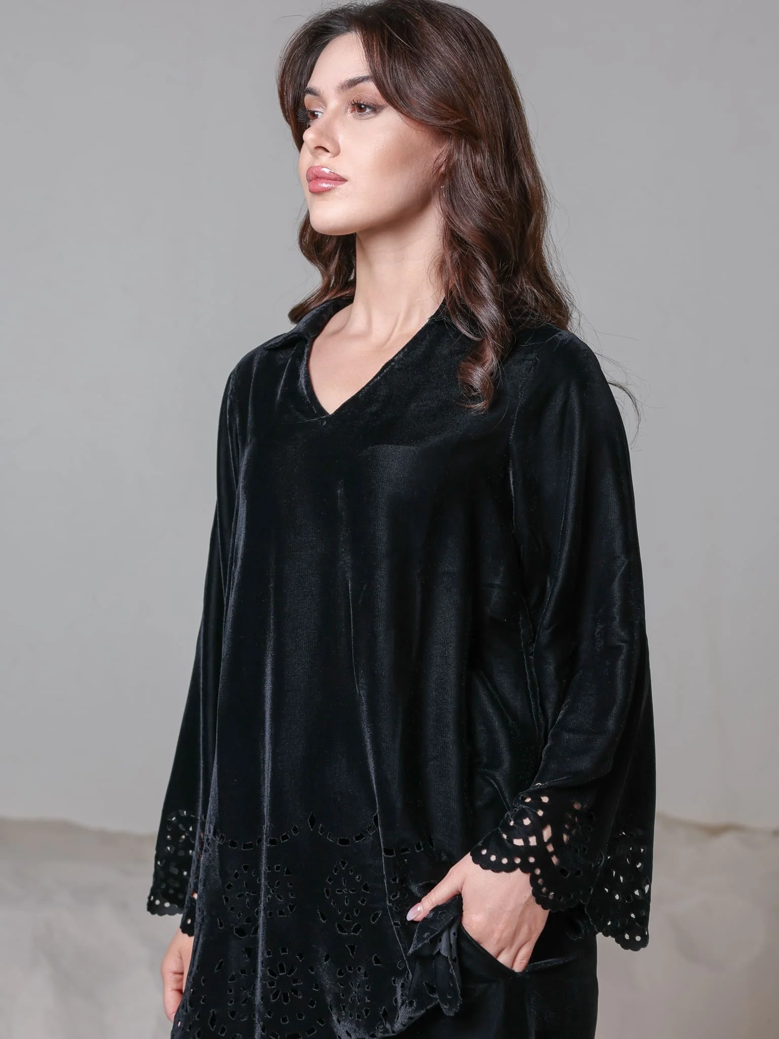 Eloise Black Velvet Cut Work Co Ord Set - Image 3