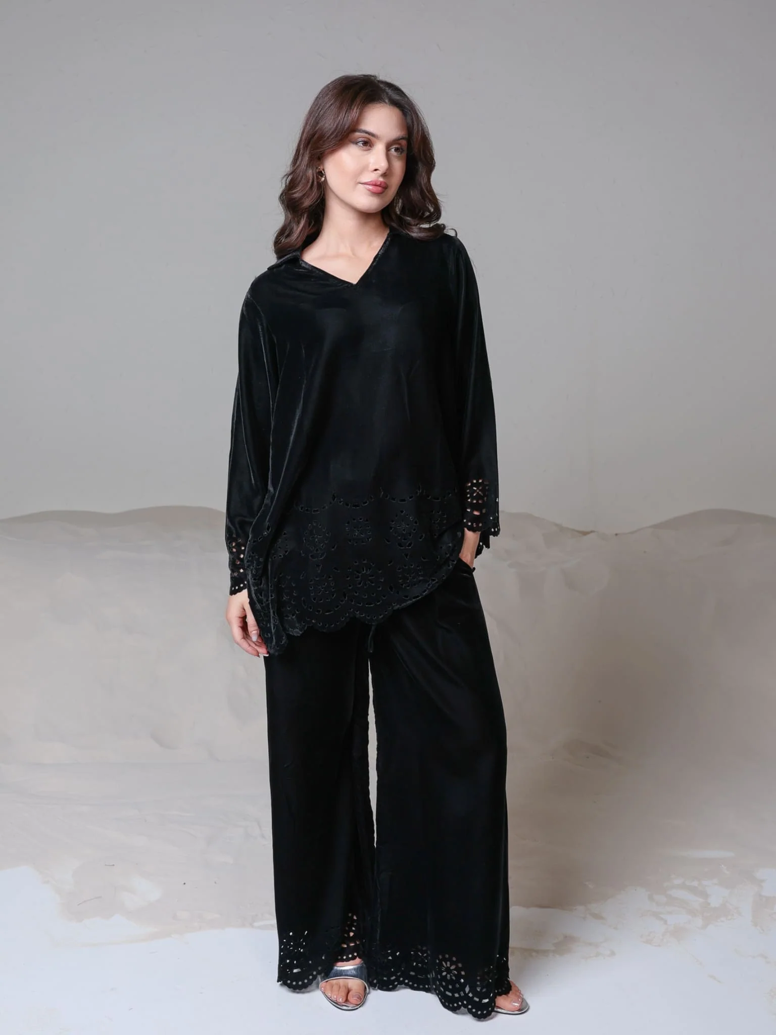 Eloise Black Velvet Cut Work Co Ord Set - Image 8