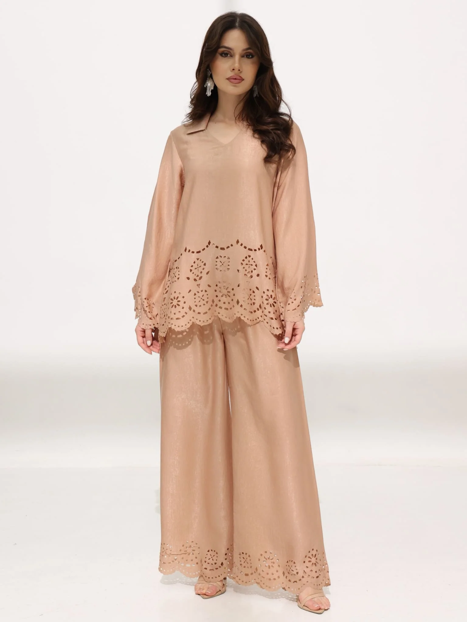 Eloise Soft Silk Beige Cutwork Pants - Image 6