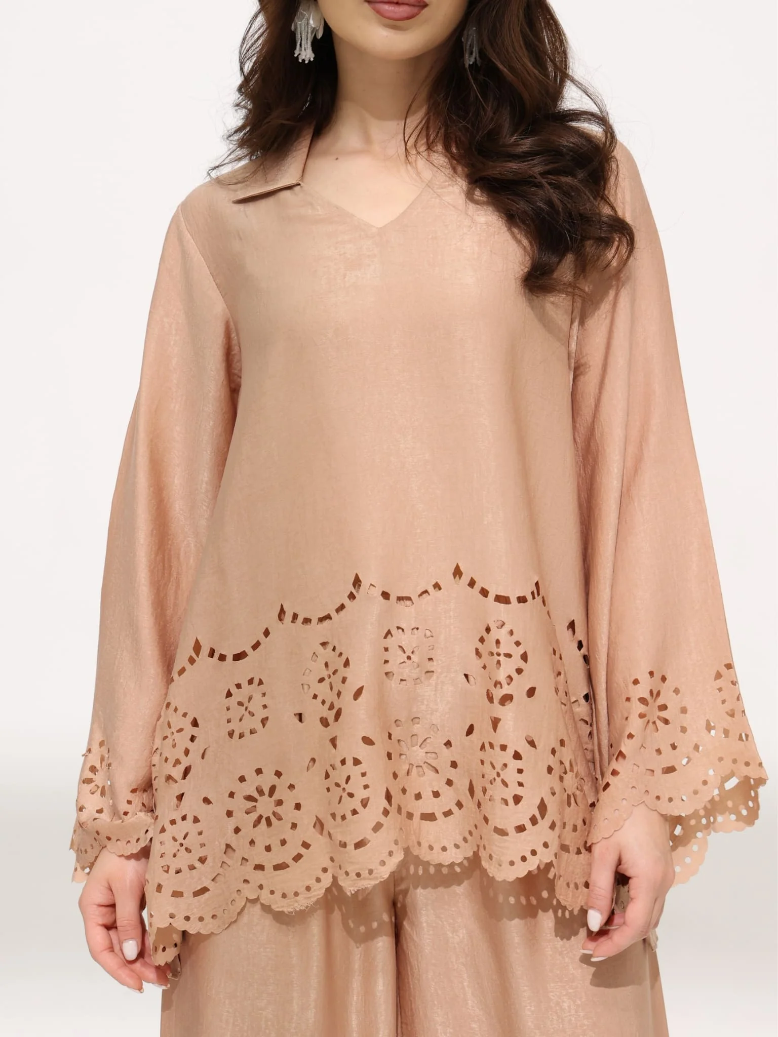 Eloise Soft Silk Beige Cutwork Shirt - Image 10