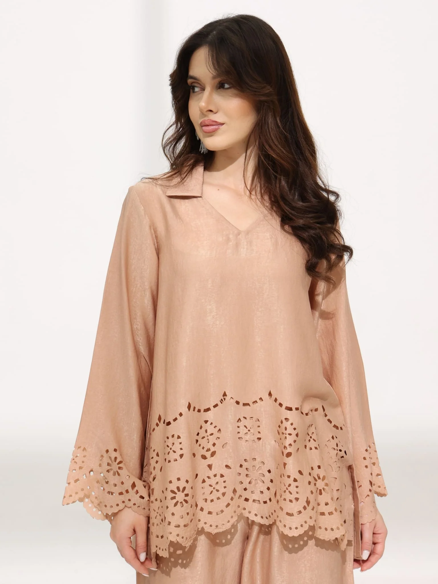 Eloise Soft Silk Beige Cutwork Shirt - Image 4