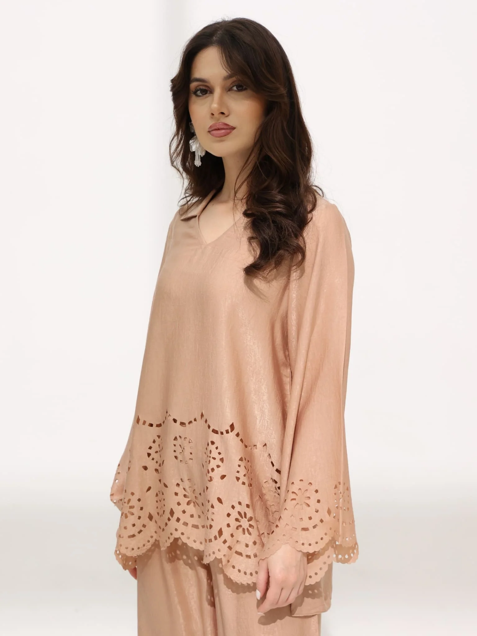 Eloise Soft Silk Beige Cutwork Shirt - Image 9