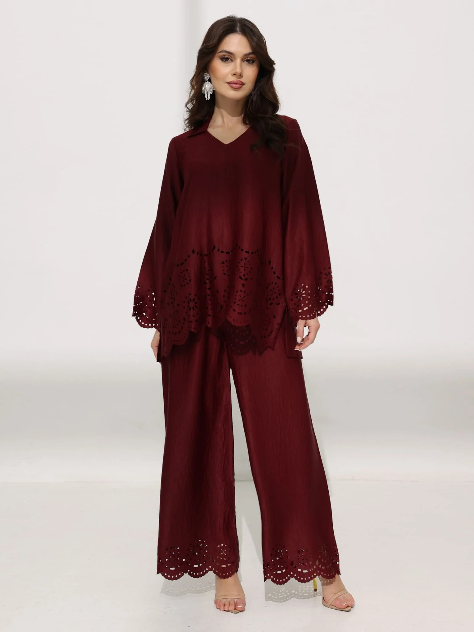 Eloise Soft Silk Maroon Cutwork Shirt