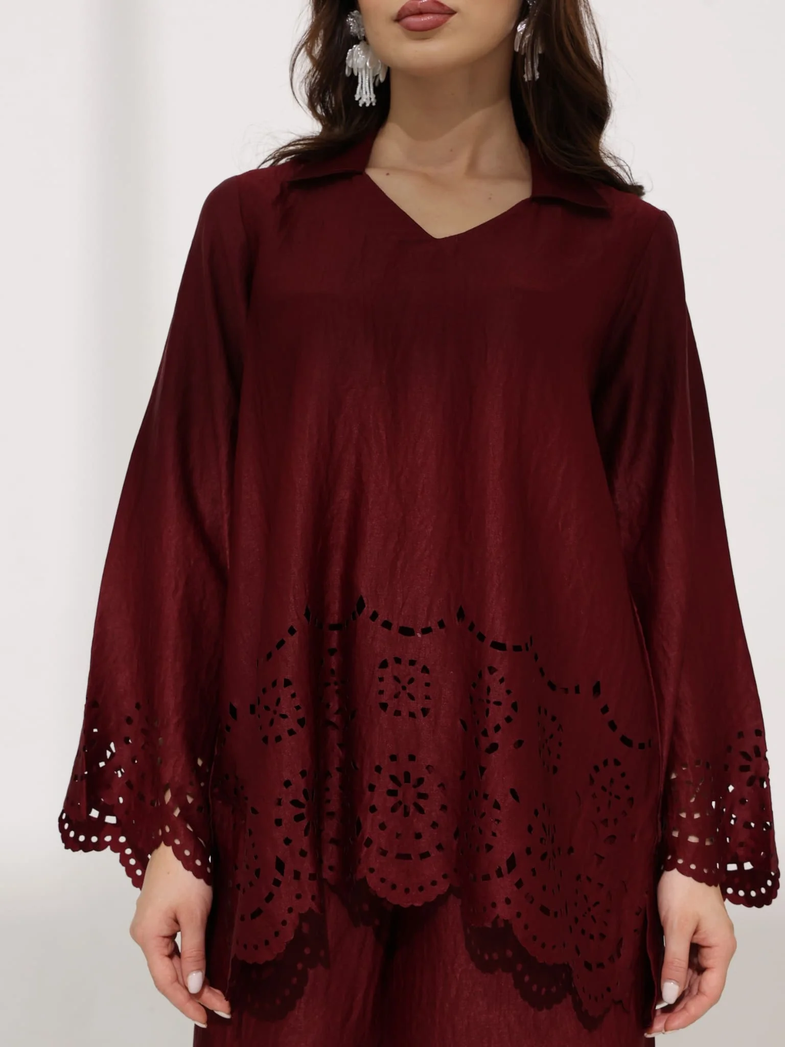 Eloise Soft Silk Maroon Cutwork Shirt - Image 3