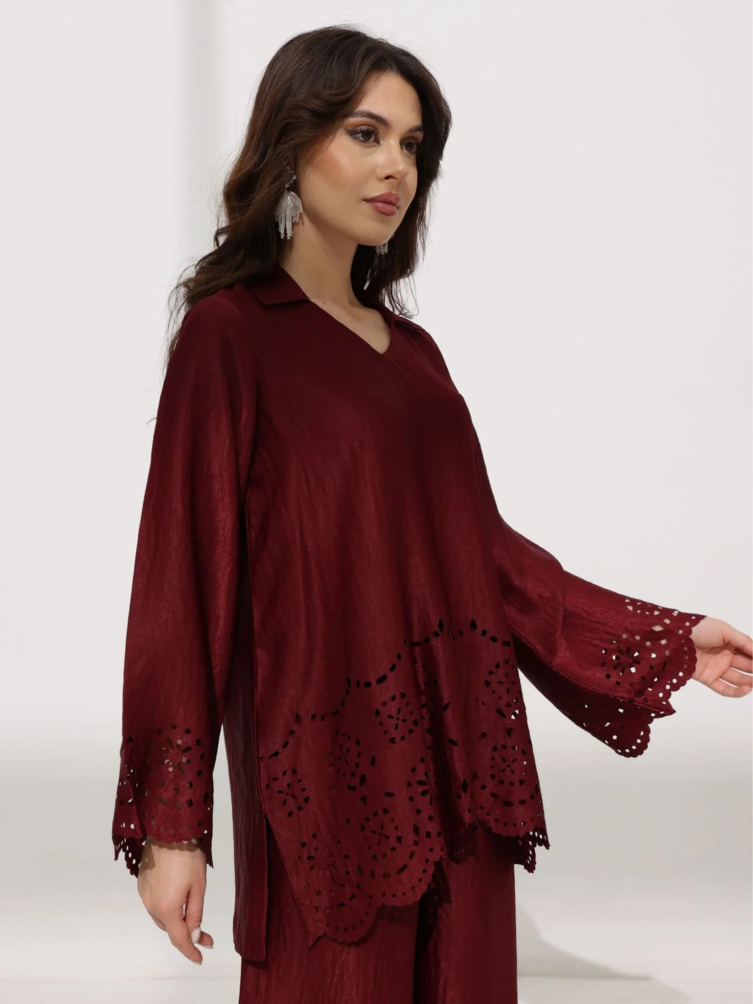 Eloise Soft Silk Maroon Cutwork Shirt - Image 4