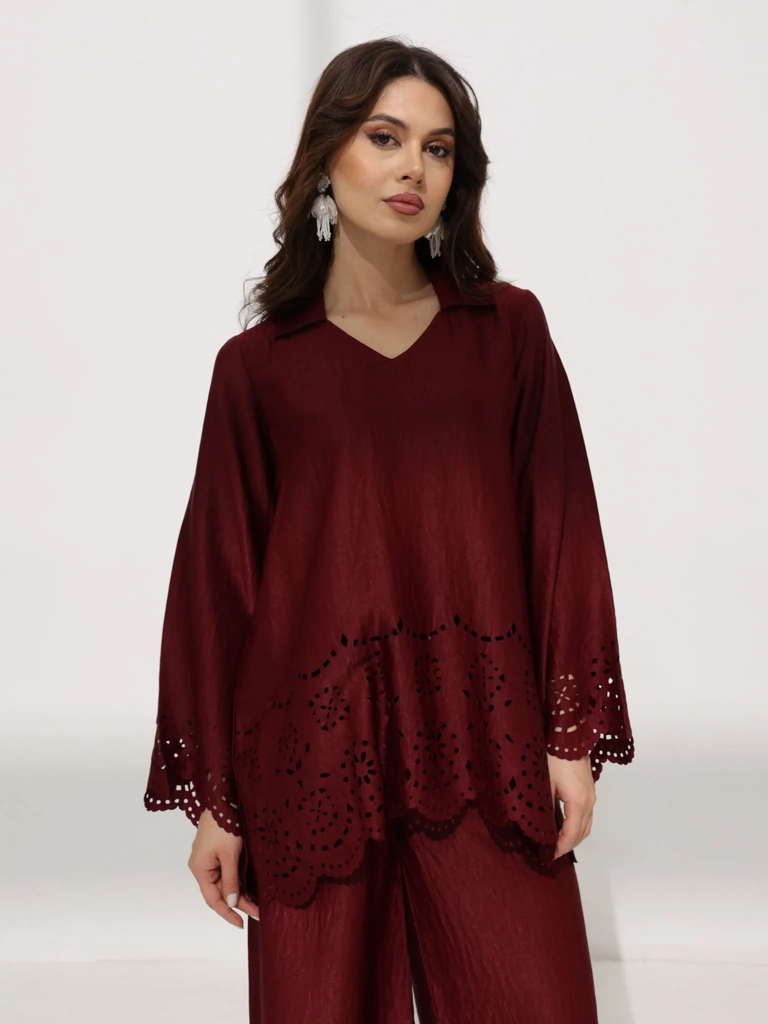 Eloise Soft Silk Maroon Cutwork Shirt - Image 6