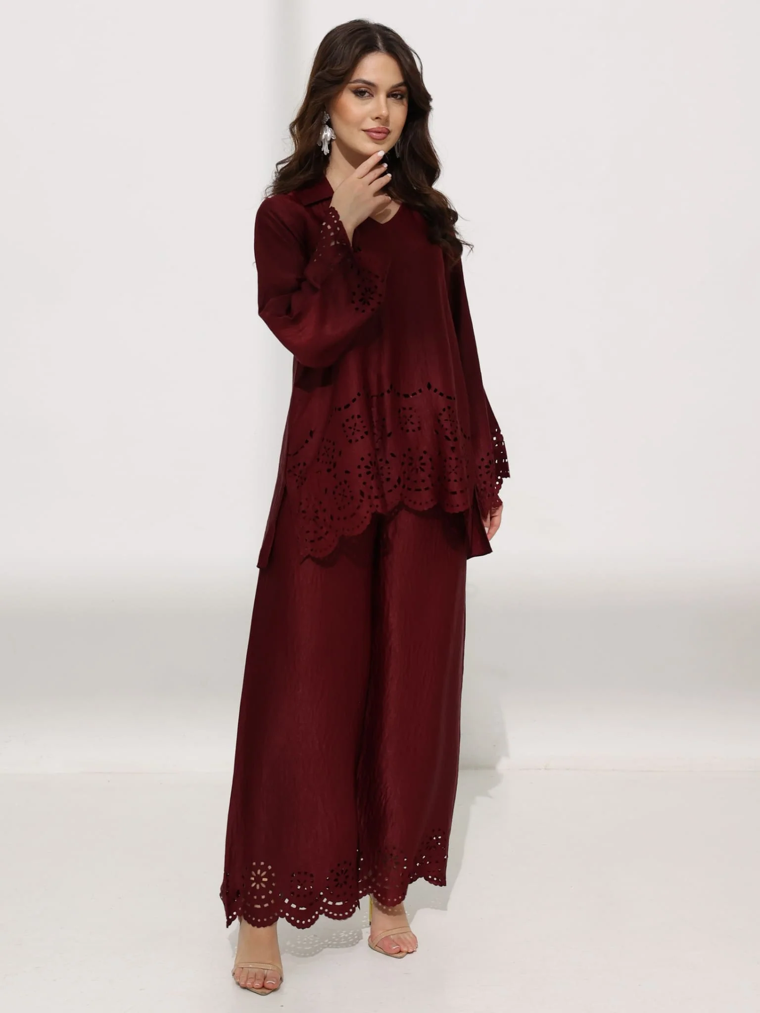 Eloise Soft Silk Maroon Cutwork Shirt - Image 7