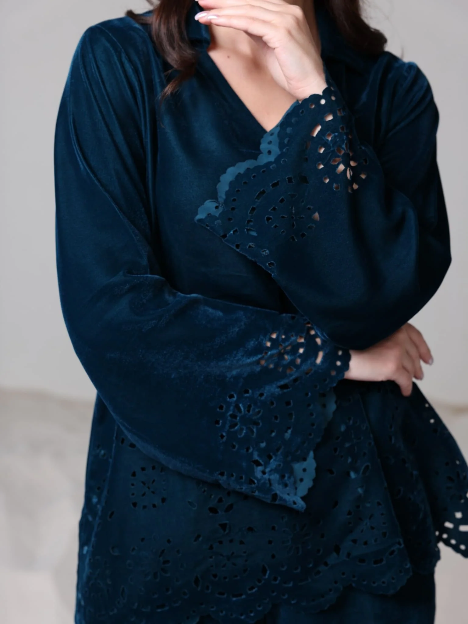 Eloise Teal Velvet Cut Work Co Ord Set - Image 5