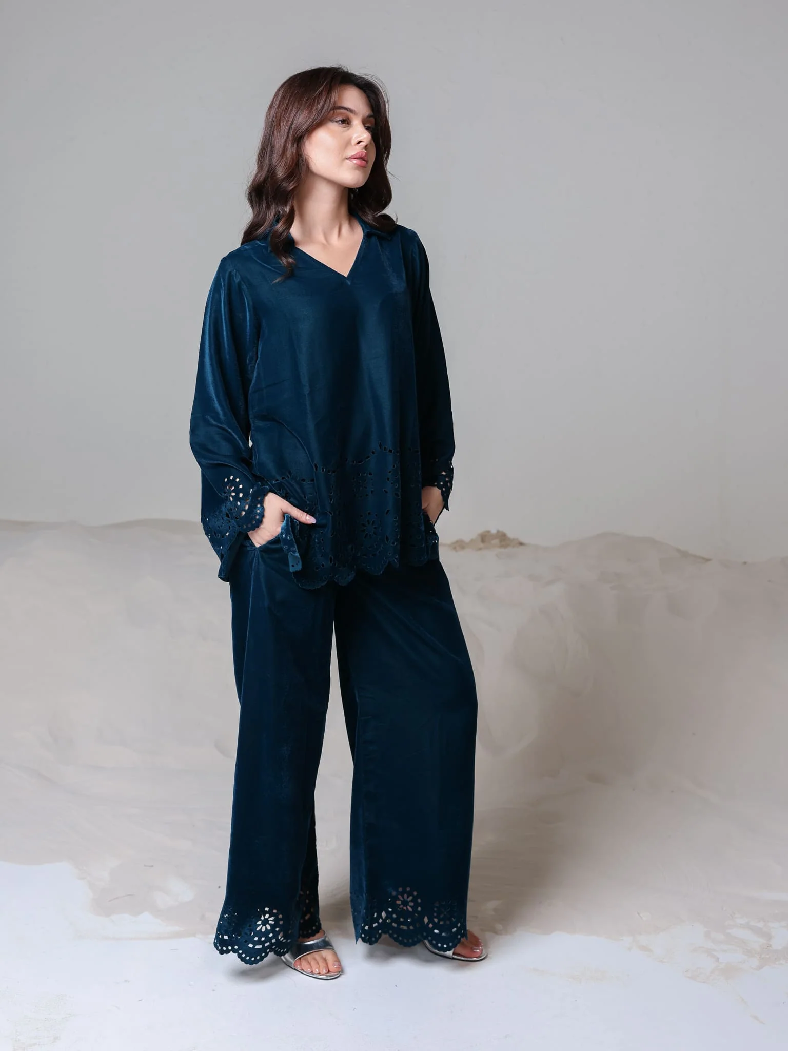 Eloise Teal Velvet Cut Work Co Ord Set - Image 6