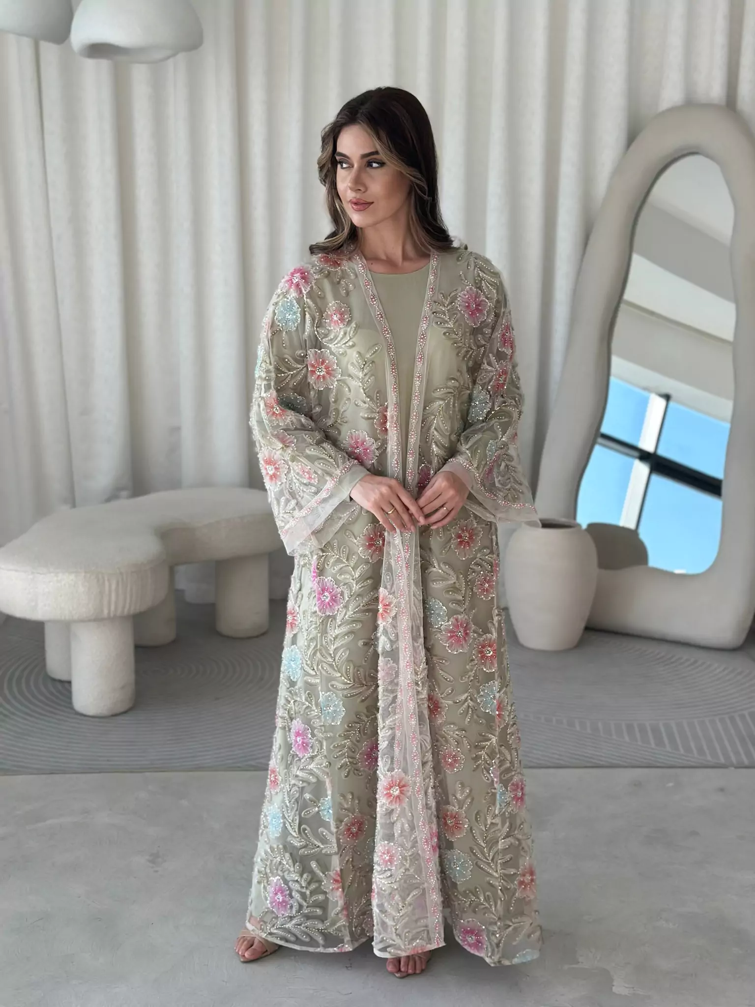 Embellished Luxury Abaya Upper Light Green - Image 6