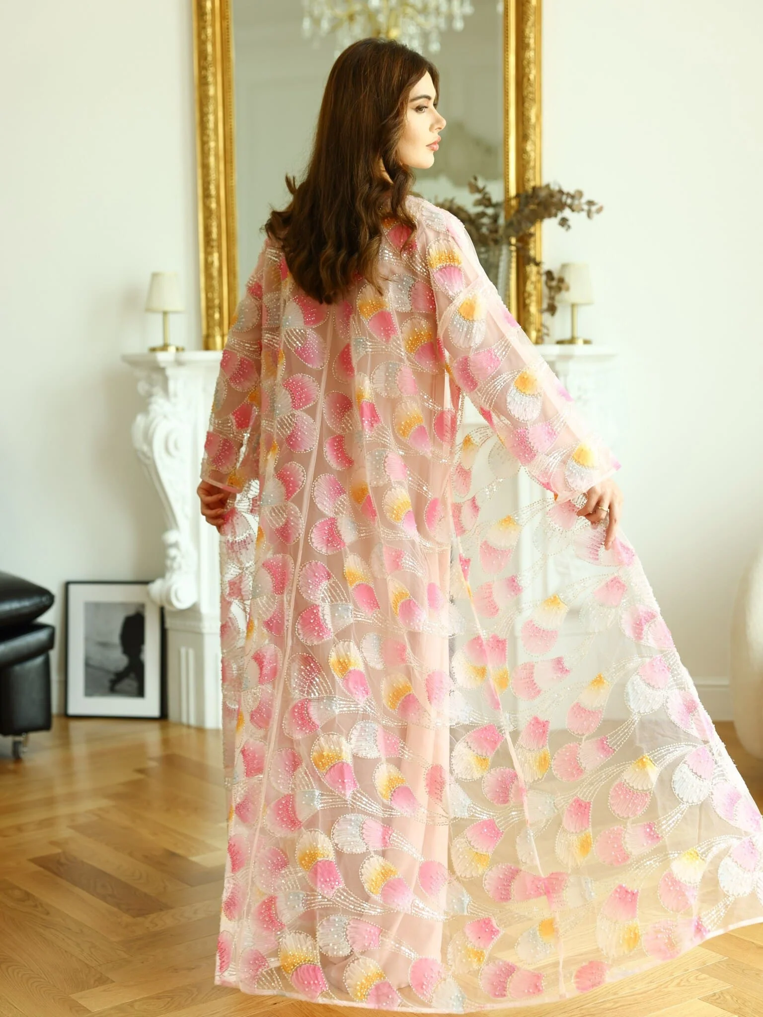 Embellished Luxury Abaya Pink Peacock - Image 3