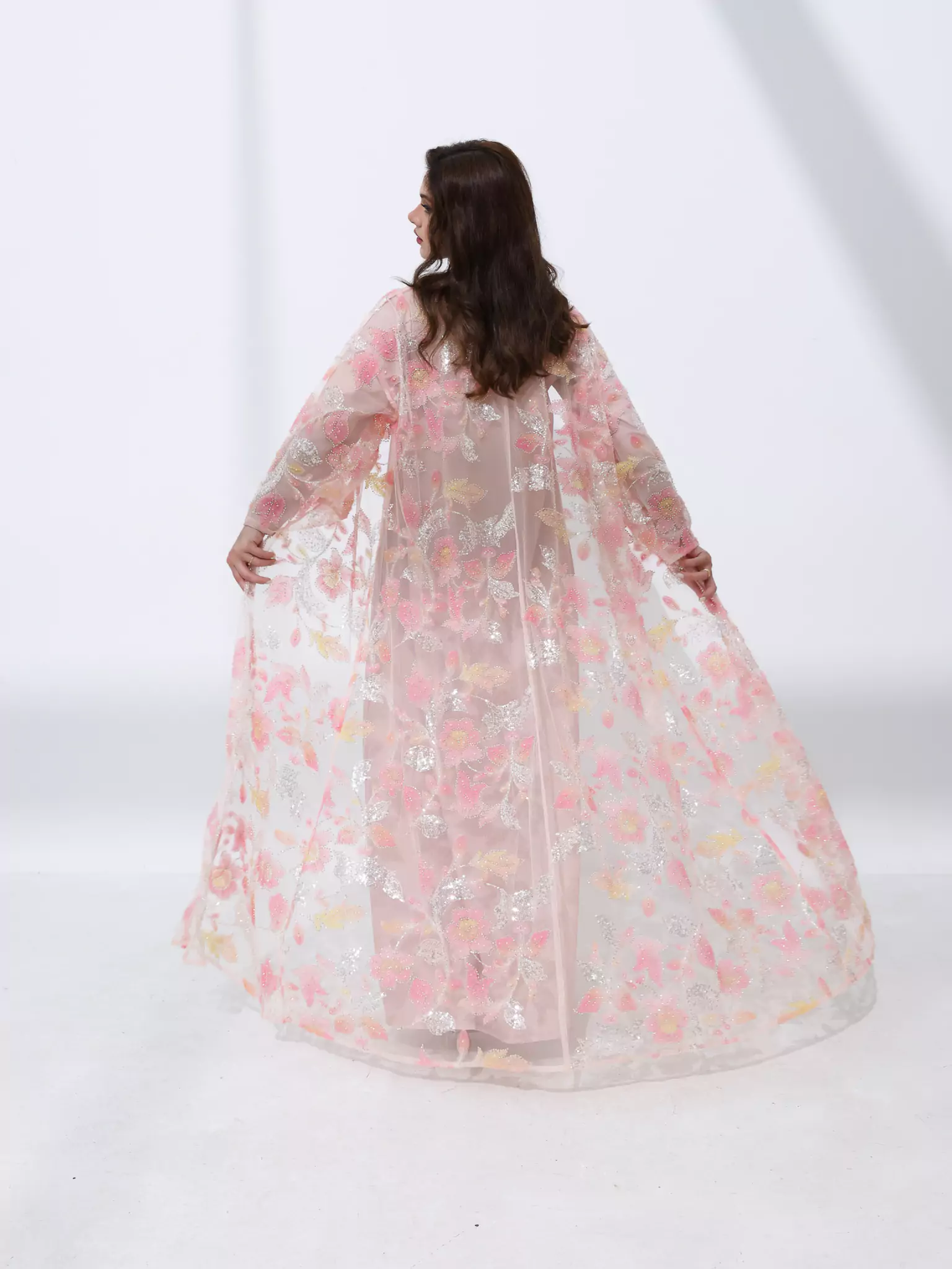 Embellished Luxury Abaya Pink And Peach leafy - Image 3
