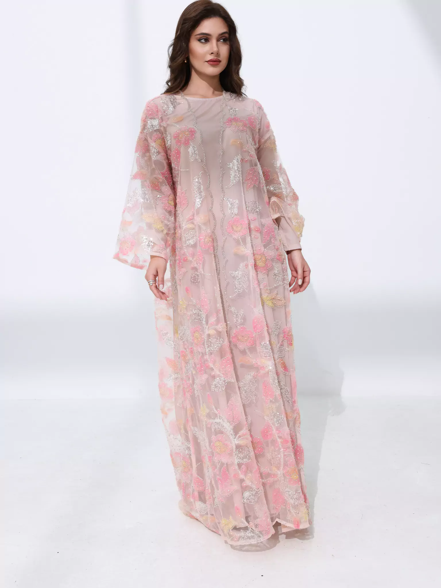 Embellished Luxury Abaya Pink And Peach leafy - Image 4