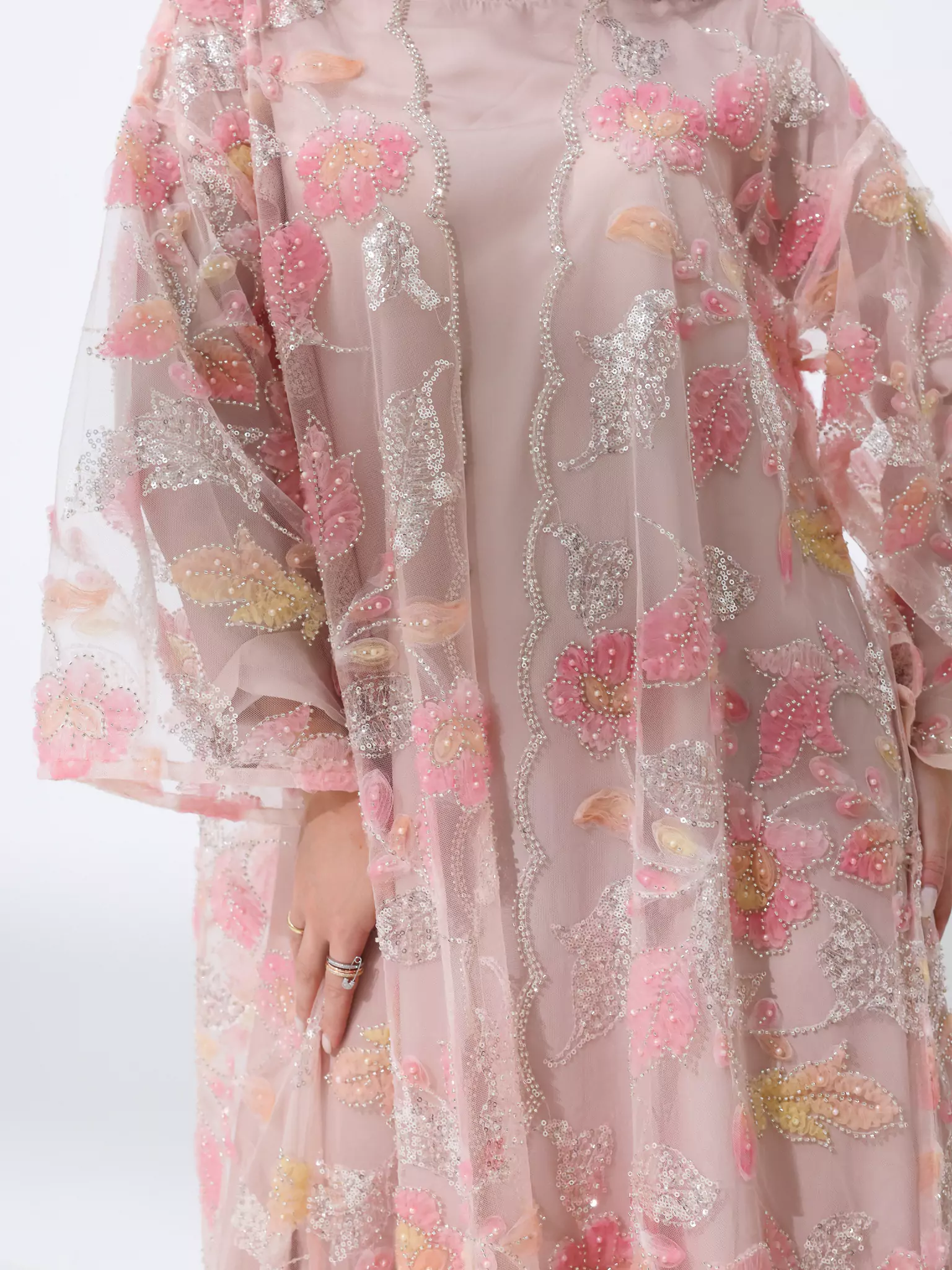 Embellished Luxury Abaya Pink And Peach leafy - Image 5