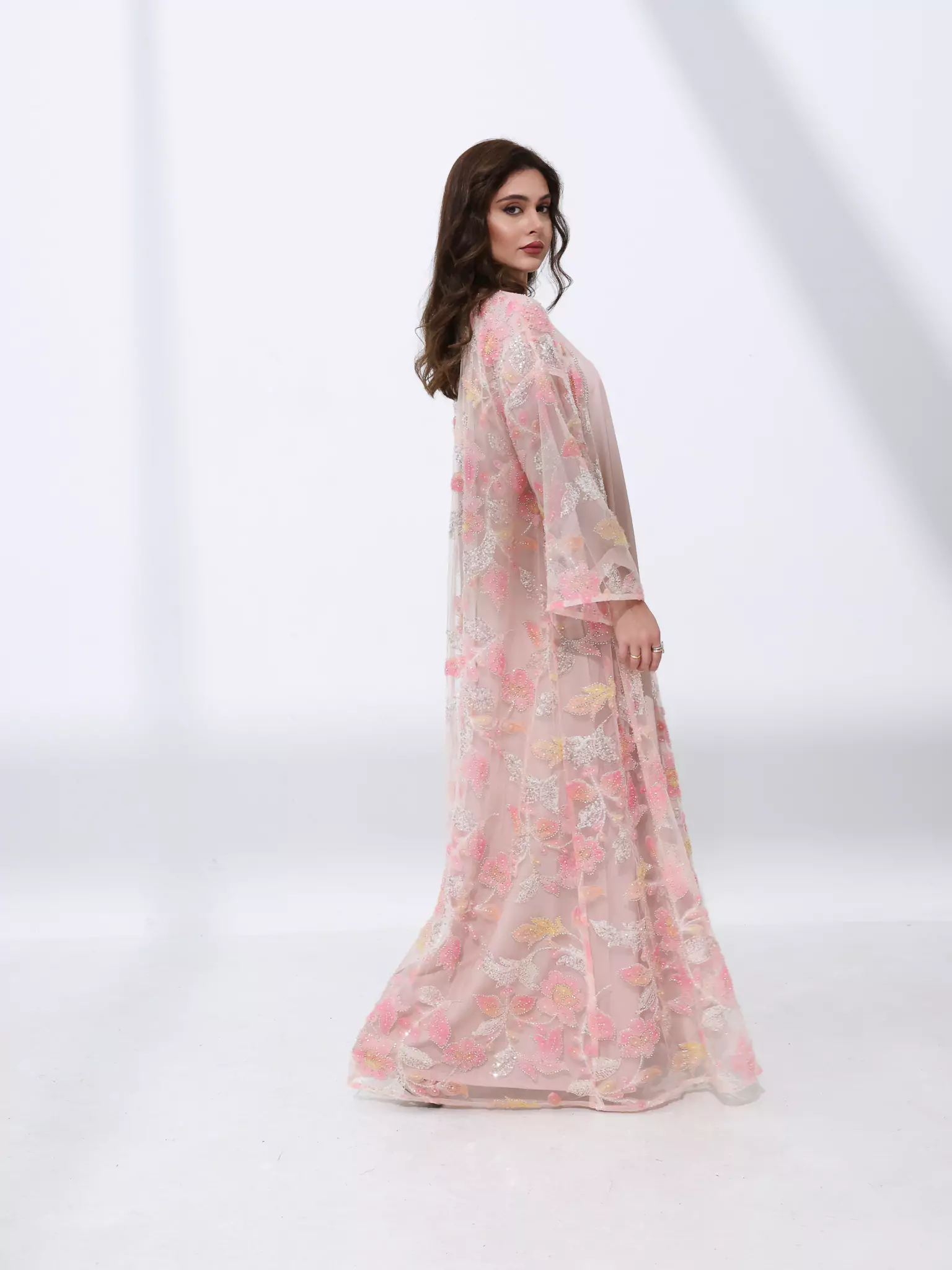 Embellished Luxury Abaya Pink And Peach leafy - Image 6