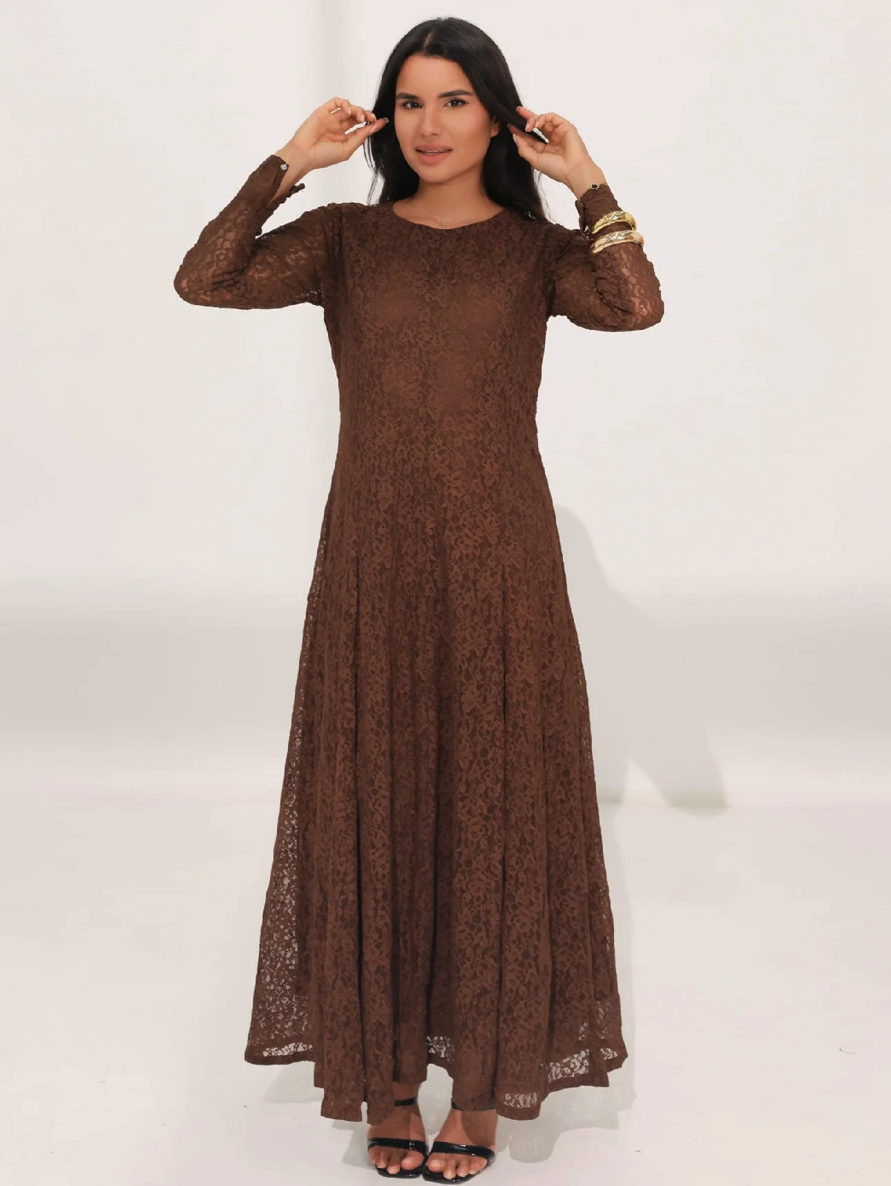 Evaleen Brown Panel Net Dress - Image 6