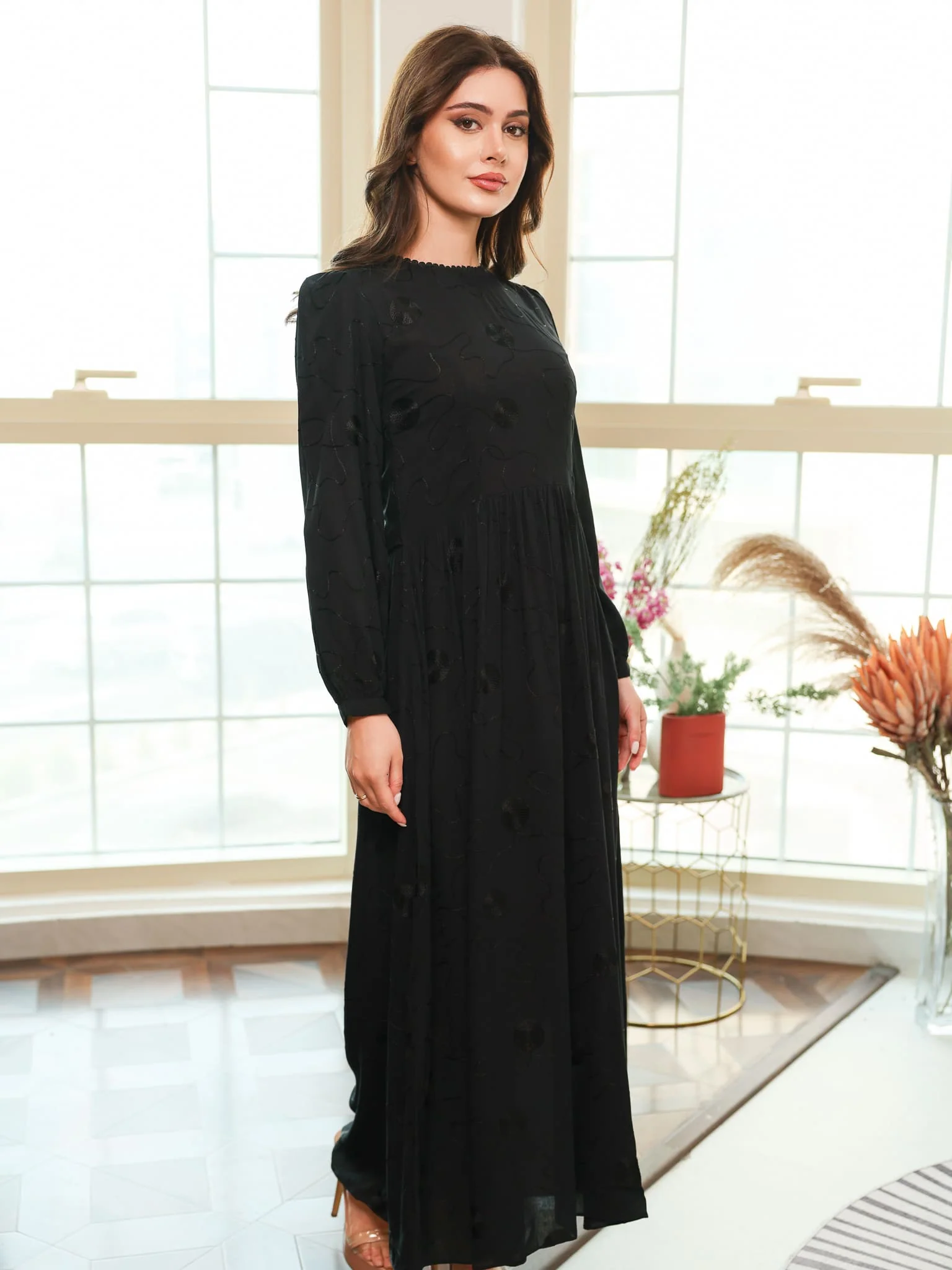 Floraison Black Embroidered Long Dress - Image 3