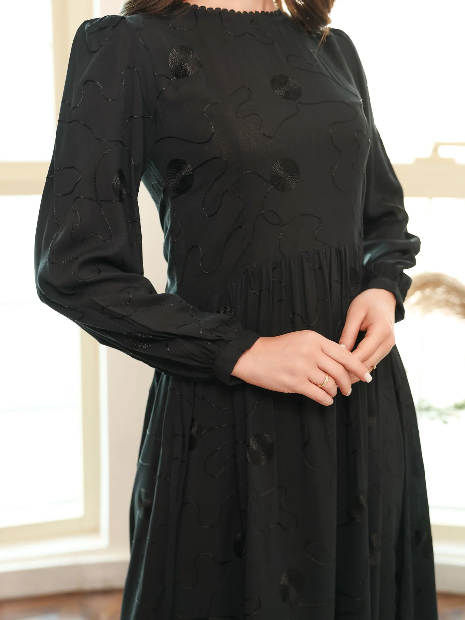 Floraison Black Embroidered Long Dress - Image 5