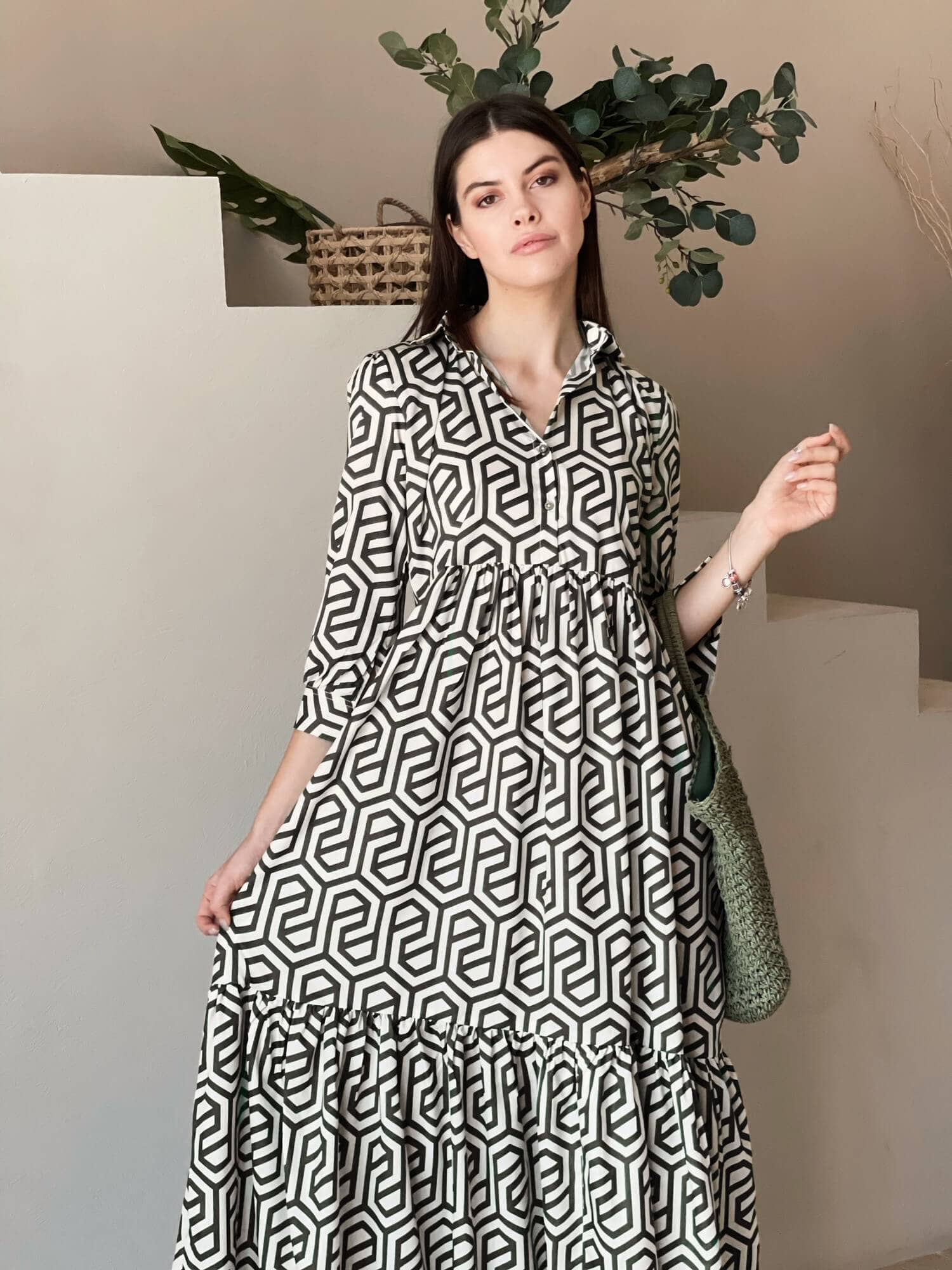 Geo Long Printed Dress In Black - Image 3