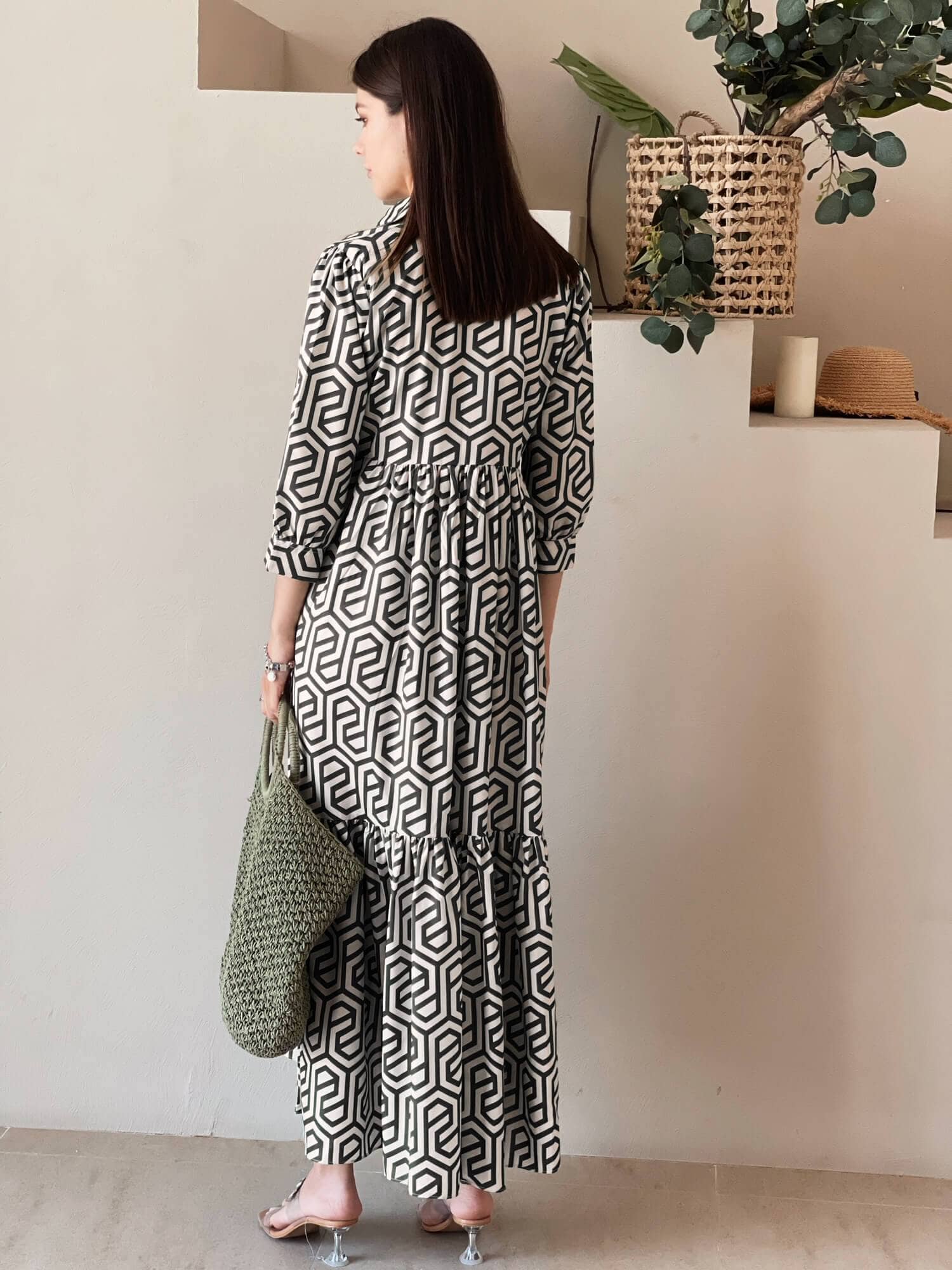 Geo Long Printed Dress In Black - Image 4