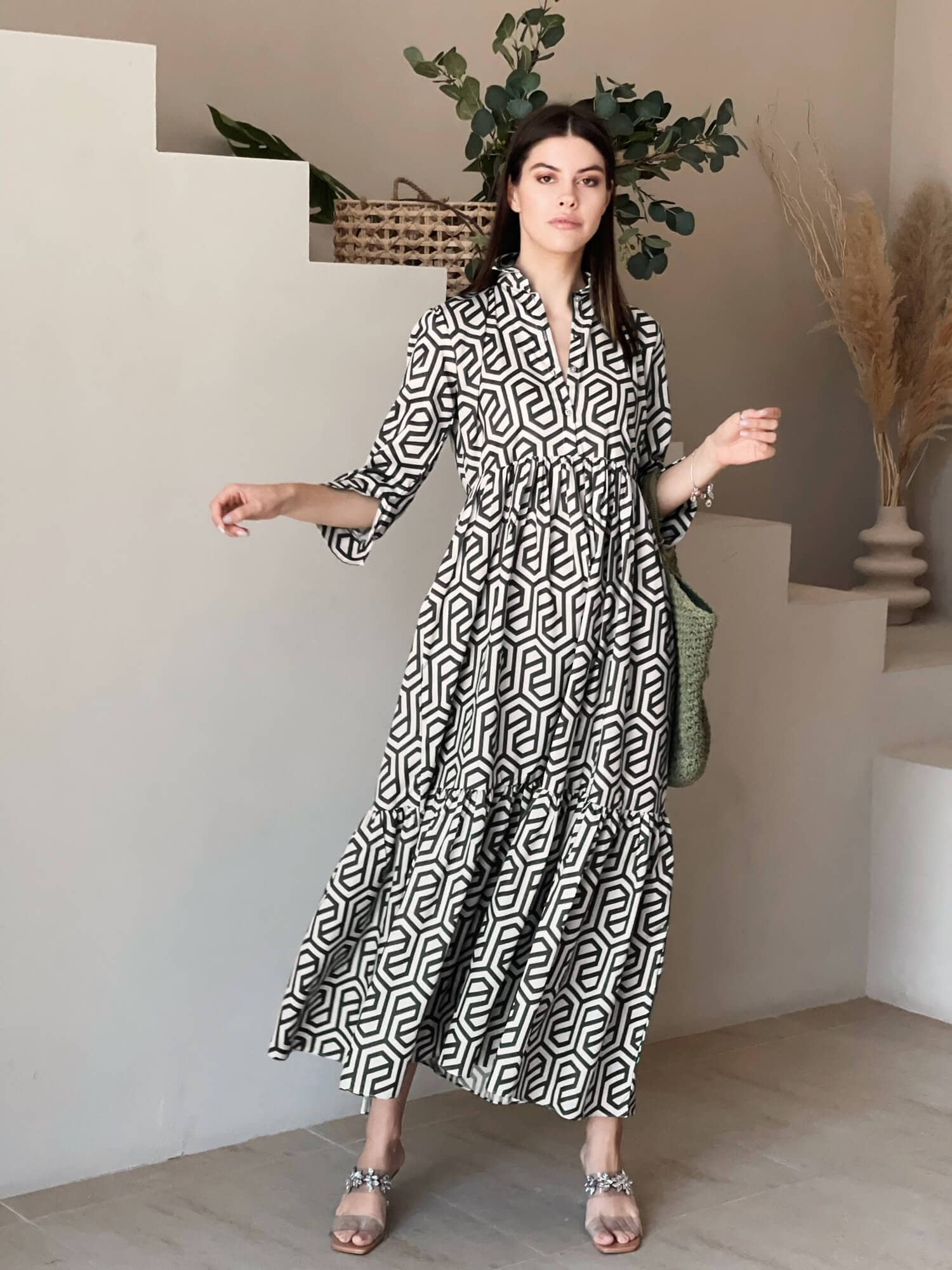Geo Long Printed Dress In Black - Image 6