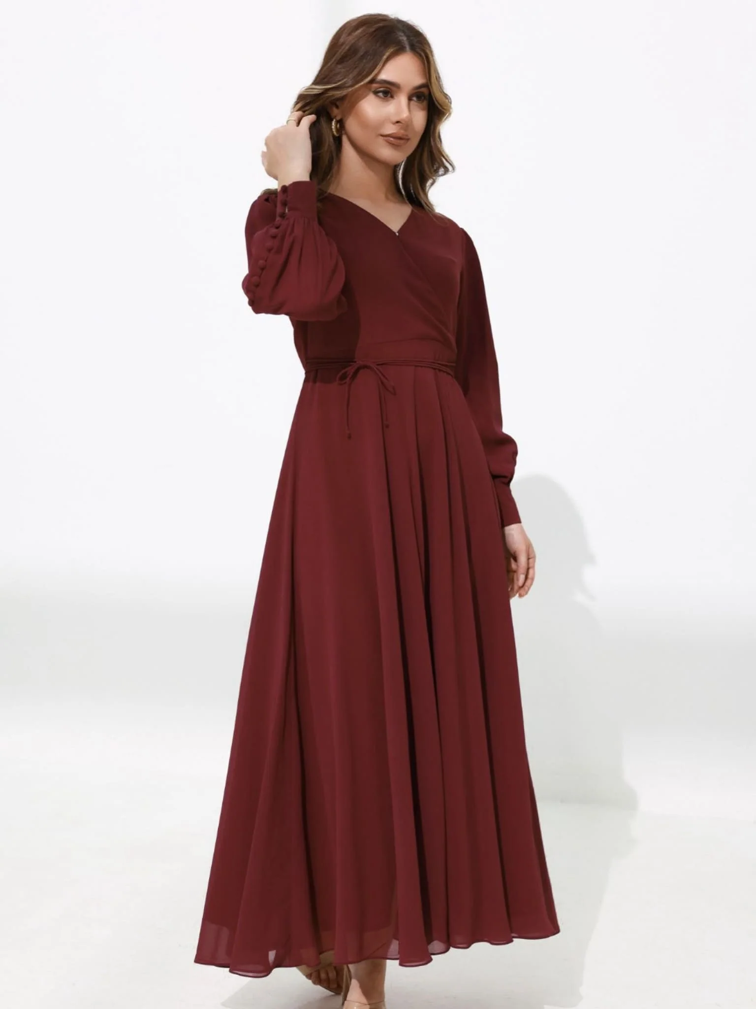 Gracie Maroon Solid Long Dress - Image 8