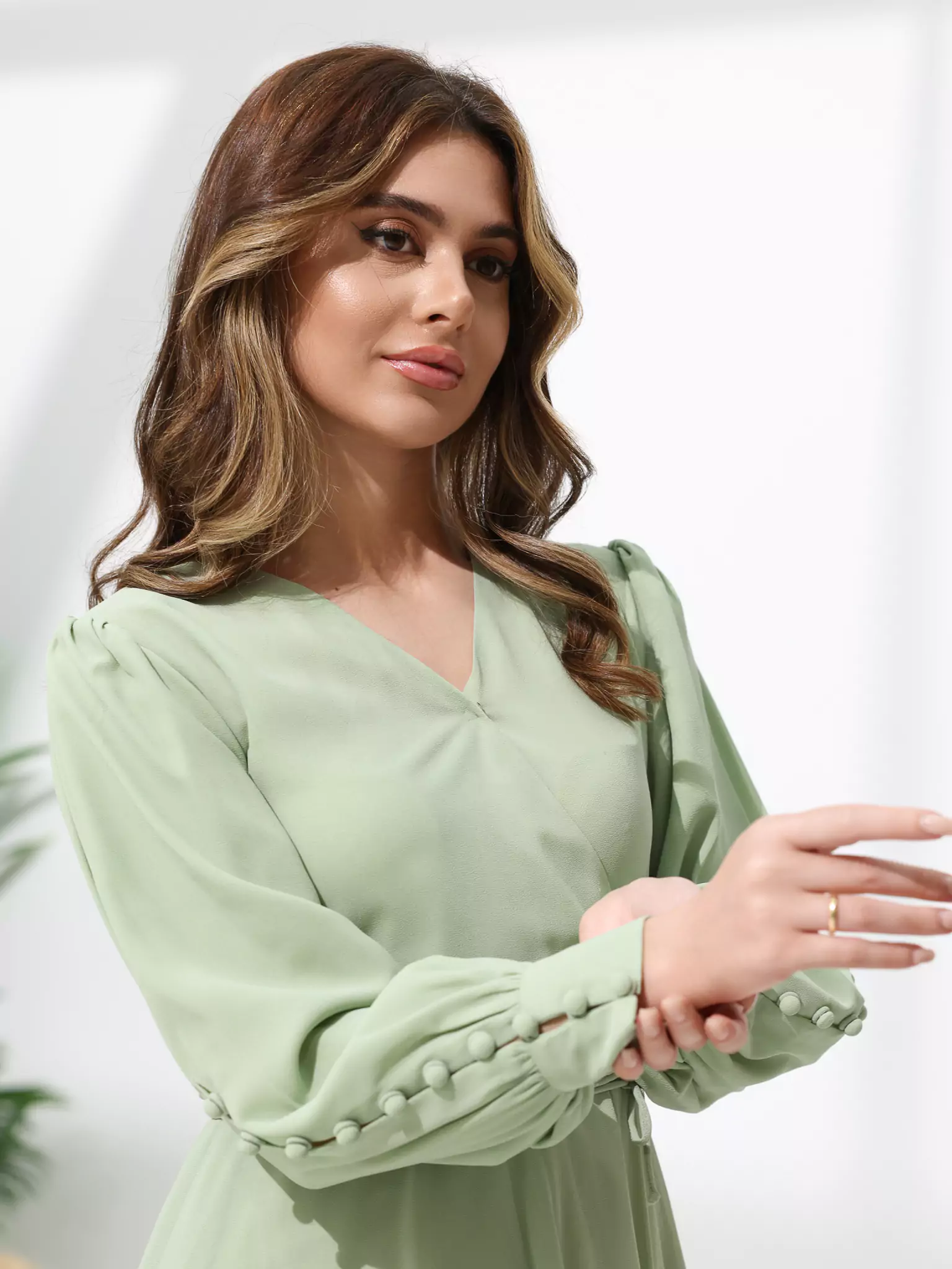 Gracie Solid Pastel Green Long Dress - Image 2