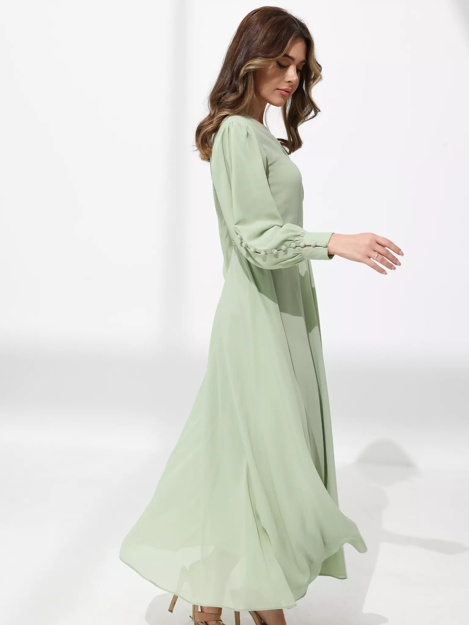 Gracie Solid Pastel Green Long Dress - Image 3