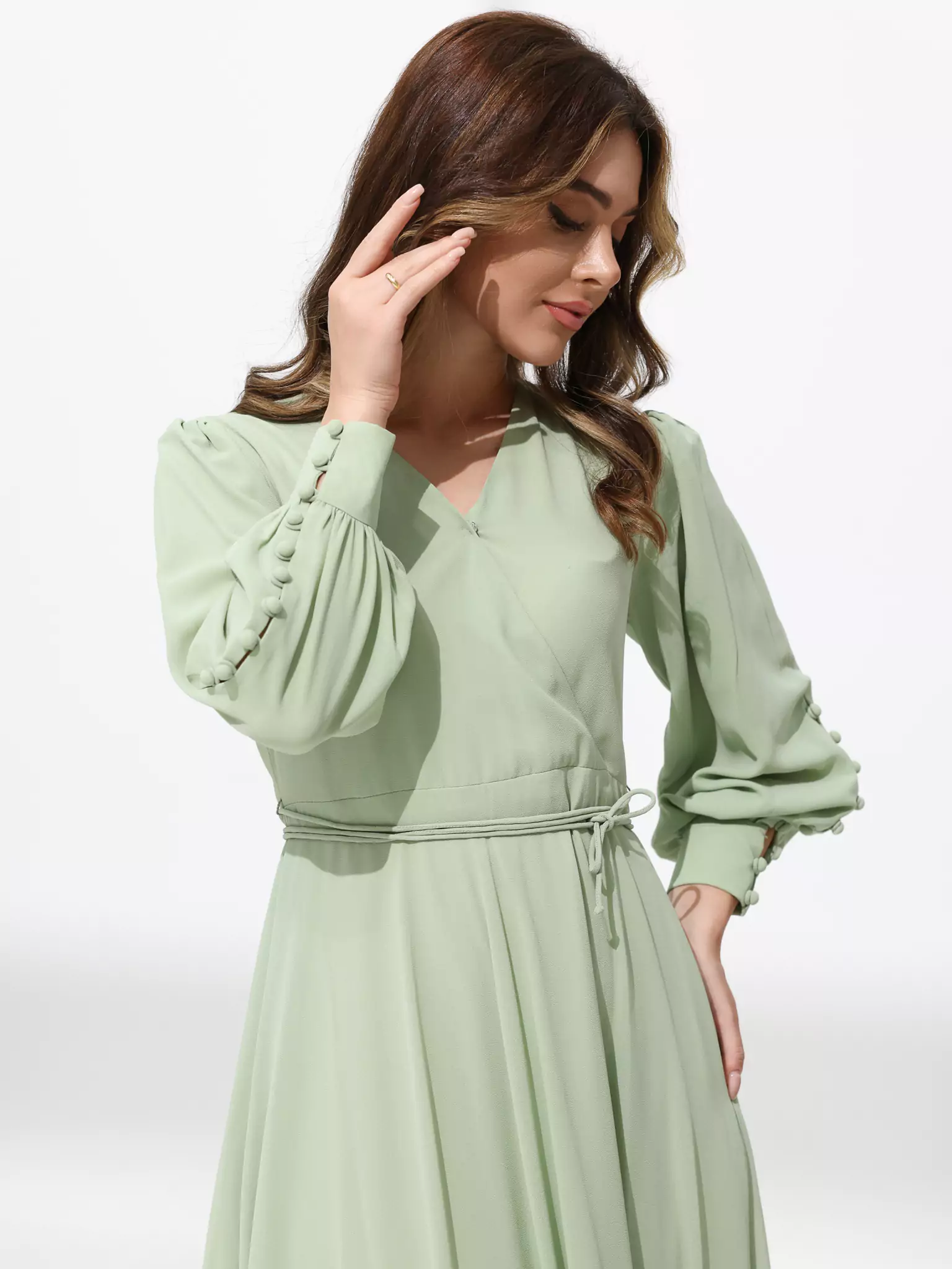 Gracie Solid Pastel Green Long Dress - Image 4