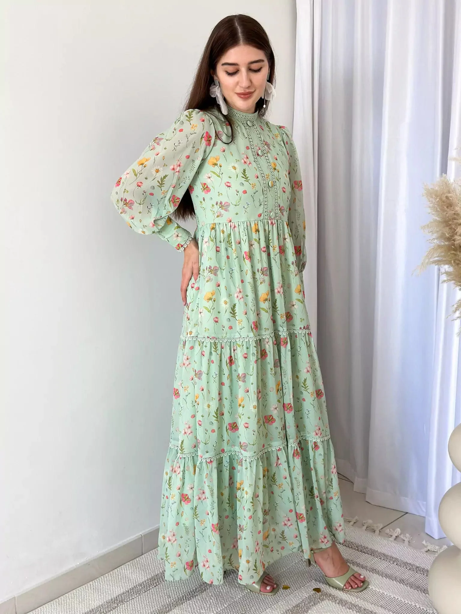 Hannah Lace Dress In Pastel Green Floral - Image 7