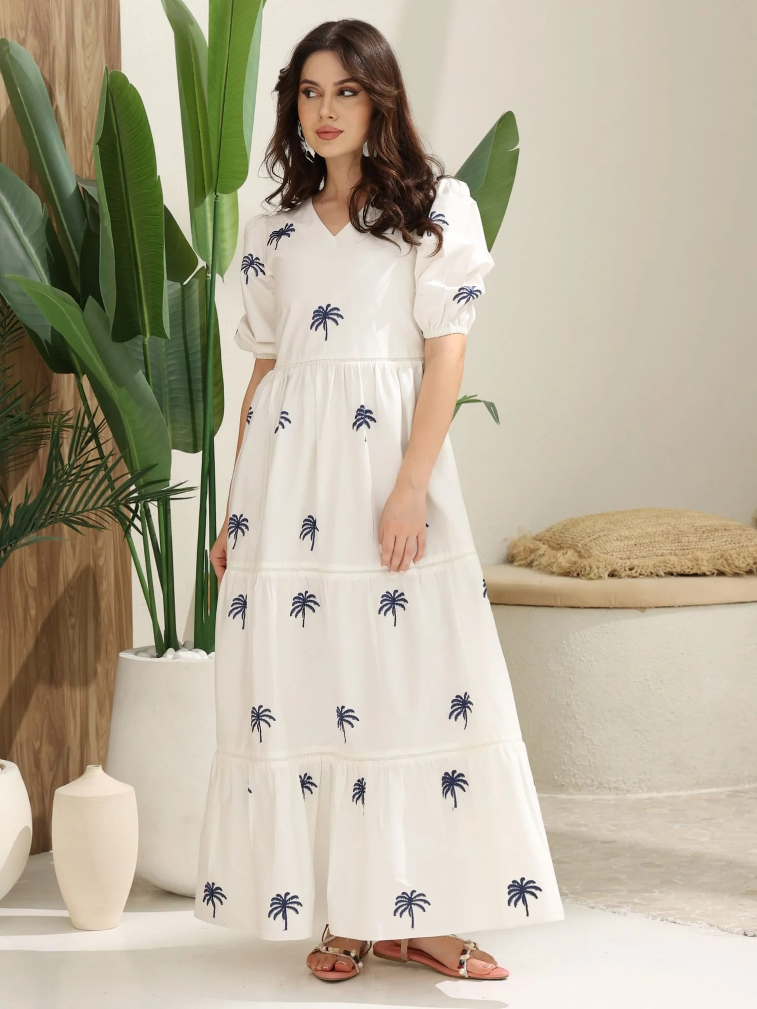 Hia Embroidered Palm Poplin Dress