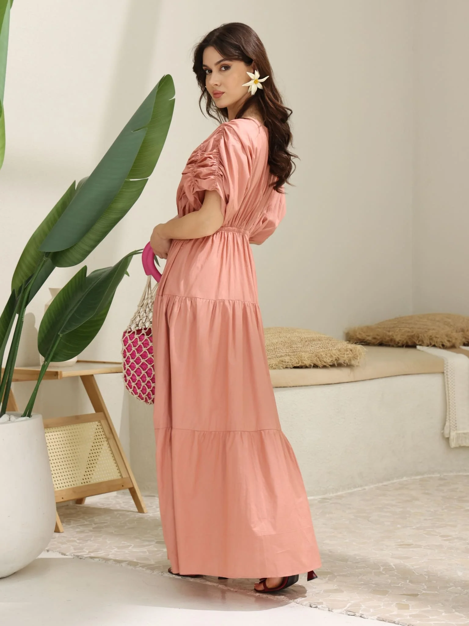 Kester Peach Gathered Long Dress - Image 3