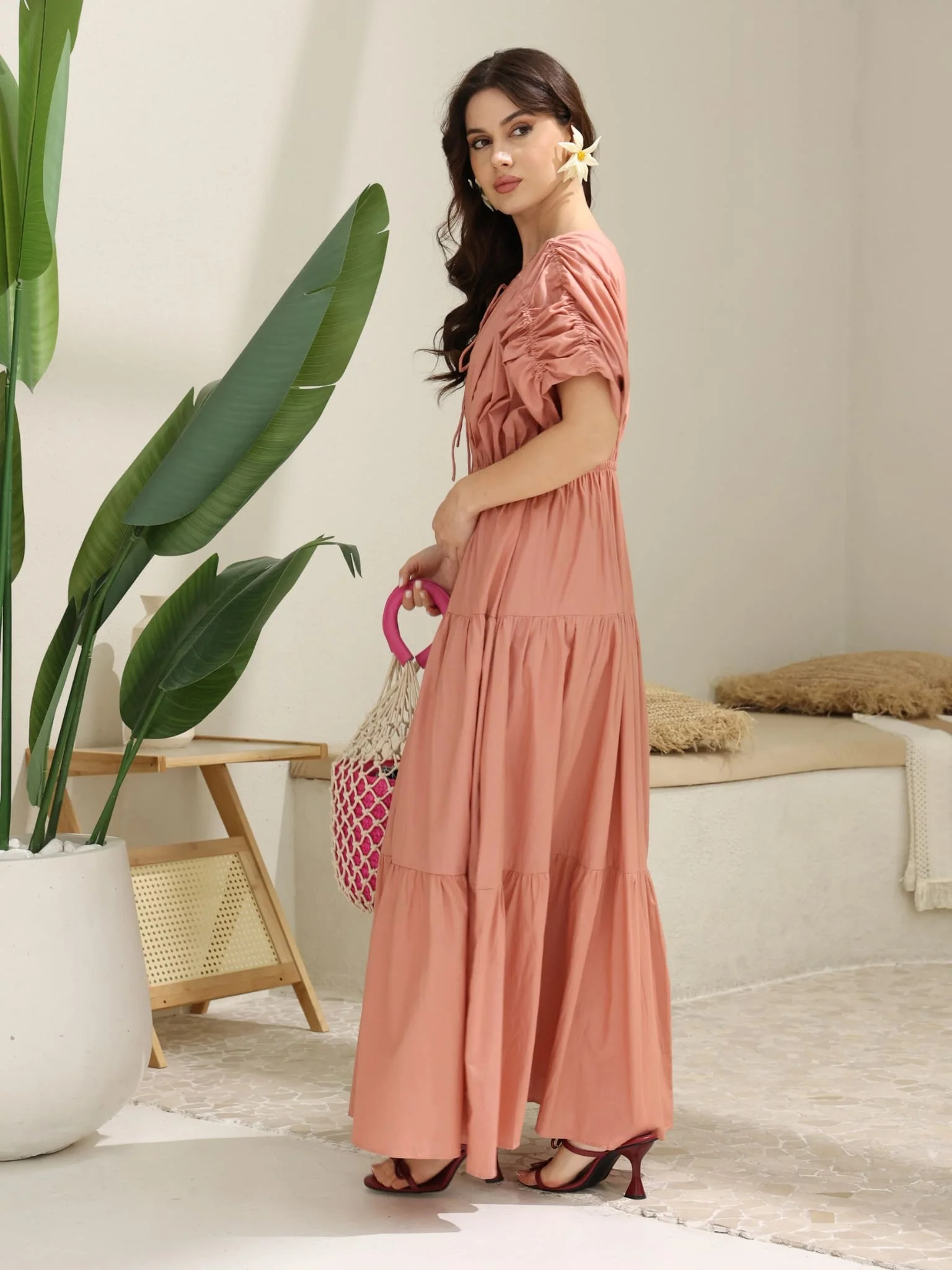 Kester Peach Gathered Long Dress - Image 5