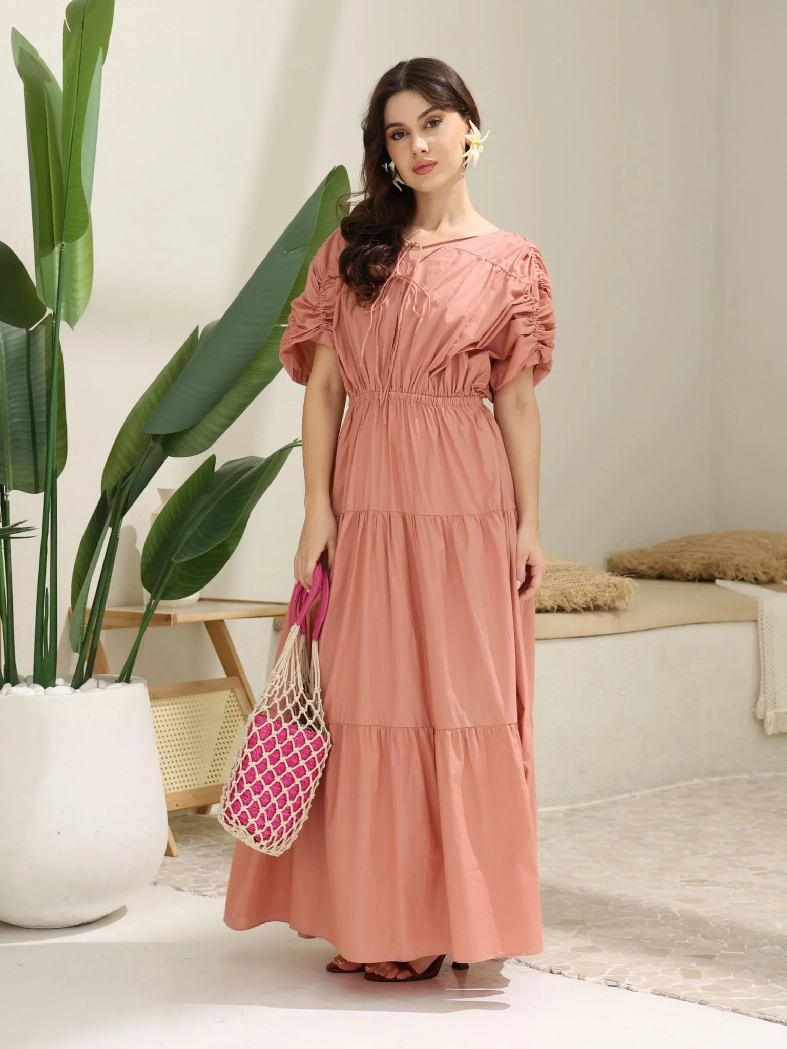 Kester Peach Gathered Long Dress - Image 8