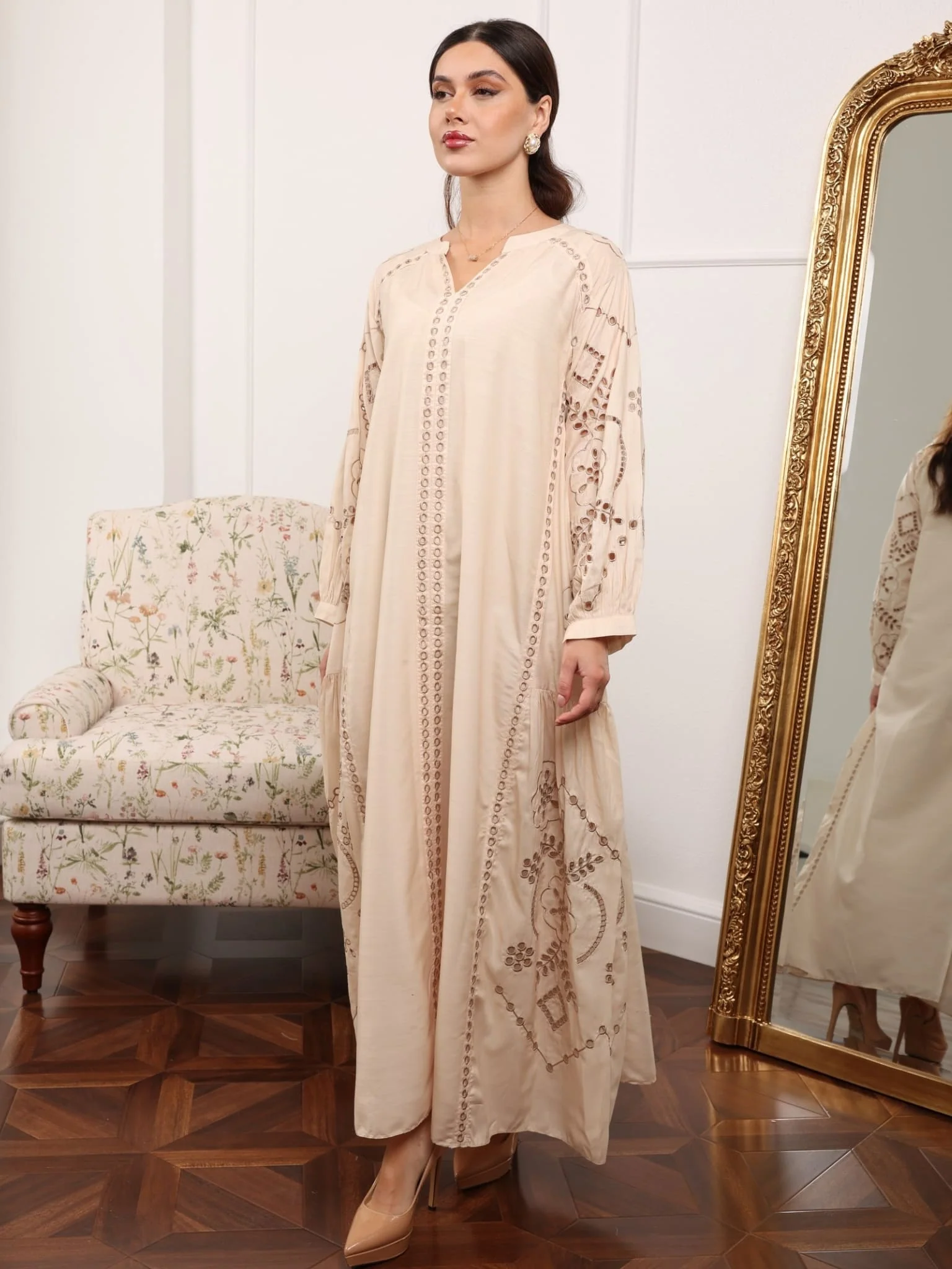 Khloe Beige Cutwork Long Dress - Image 7