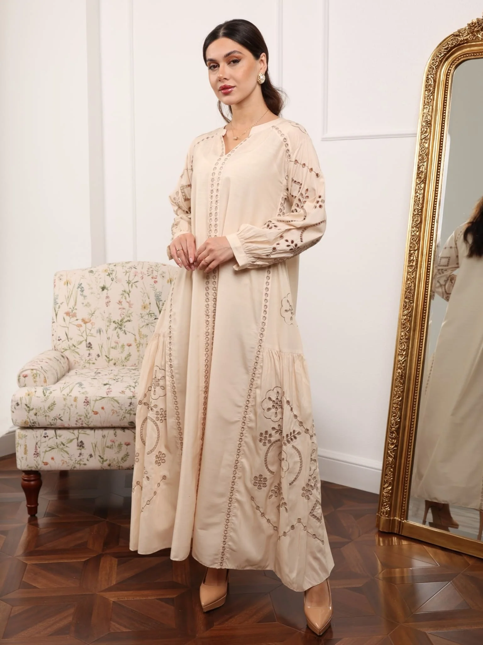 Khloe Beige Cutwork Long Dress - Image 9