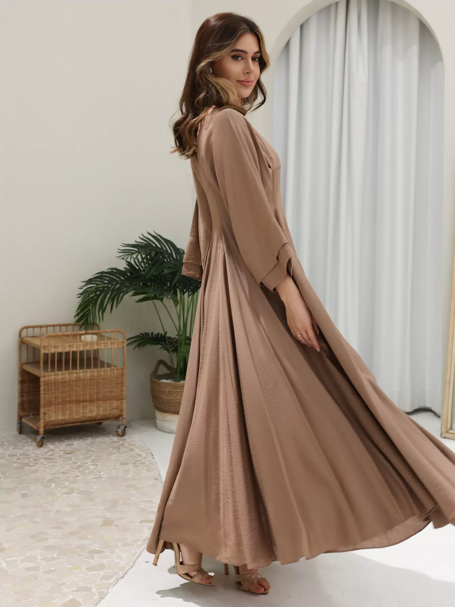Kyra Beige Flowy Dress - Image 11