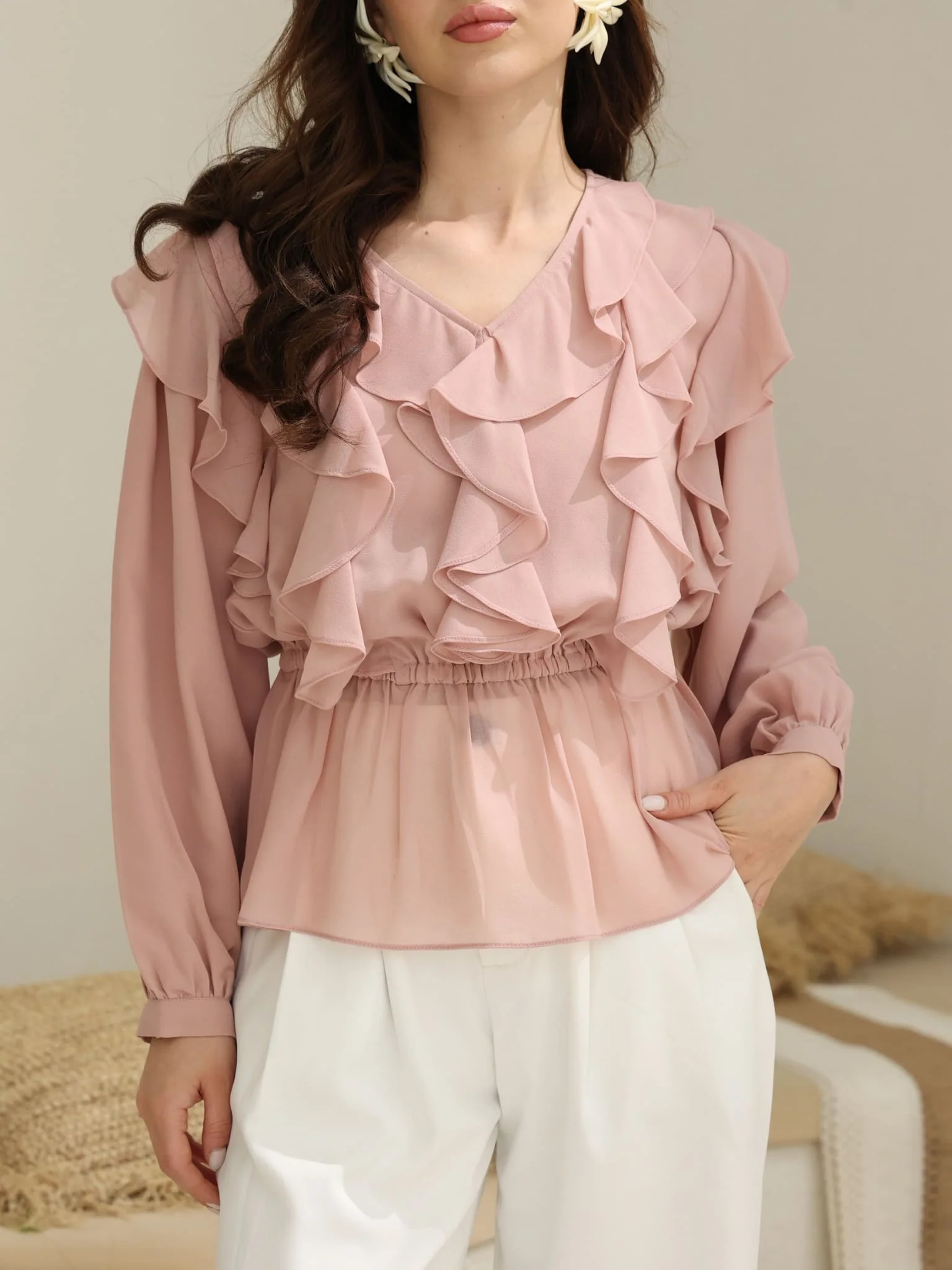 Marilla Pink Chiffon Ruffle Shirt - Image 5