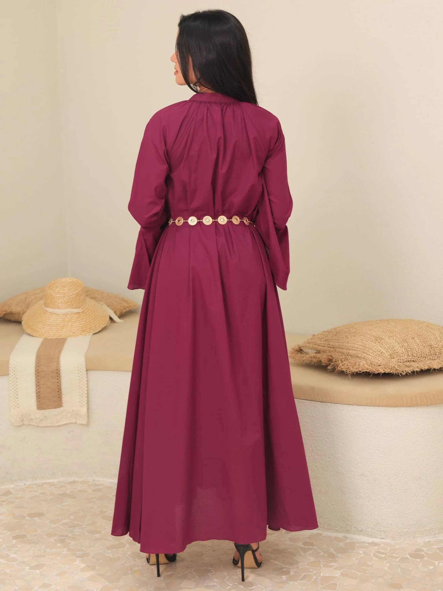 Marnel Plum Cotton Gathered Long Dress - Image 3